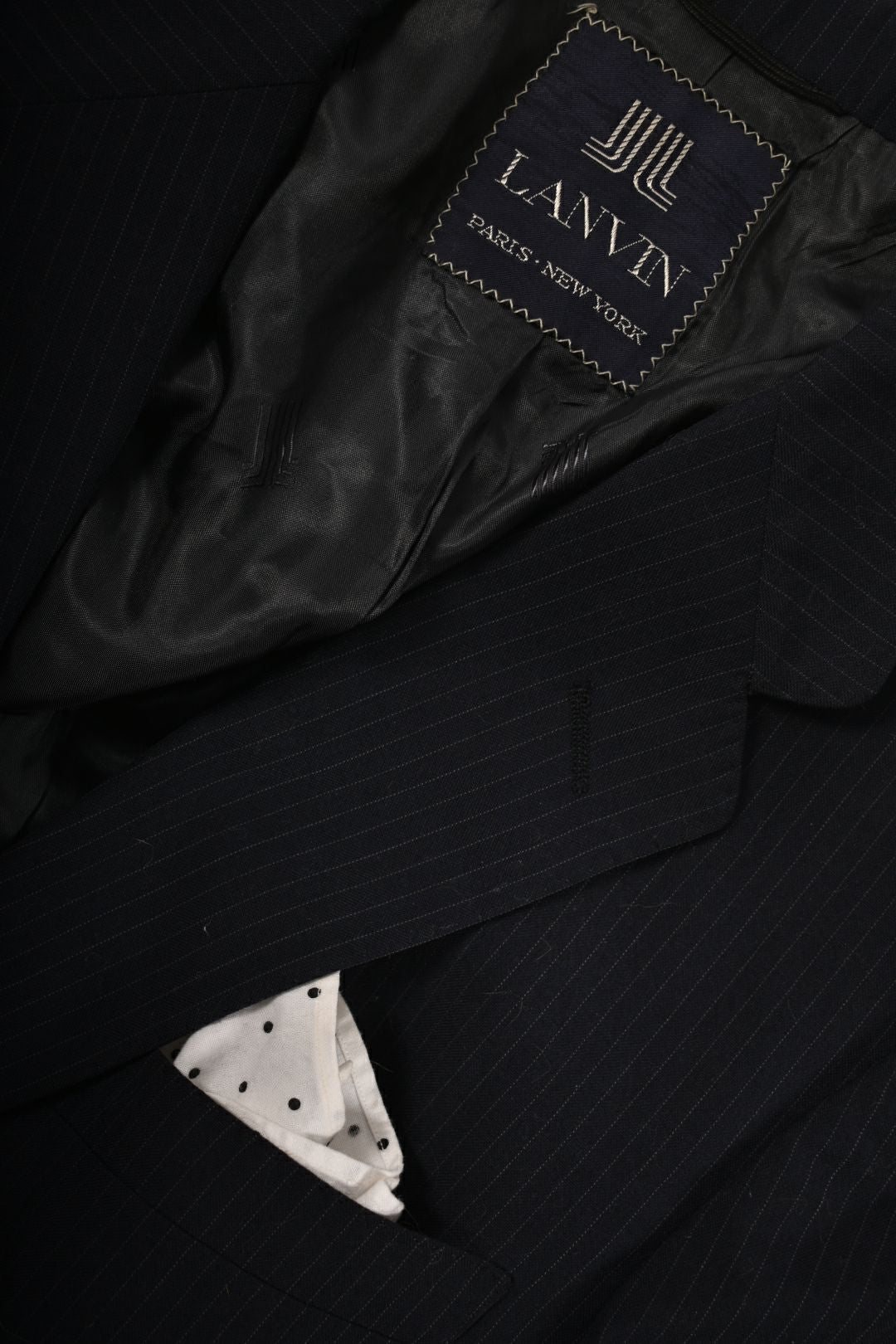 1980s LANVIN Navy Blue Pinstripe Wool Blend Blazer 42R