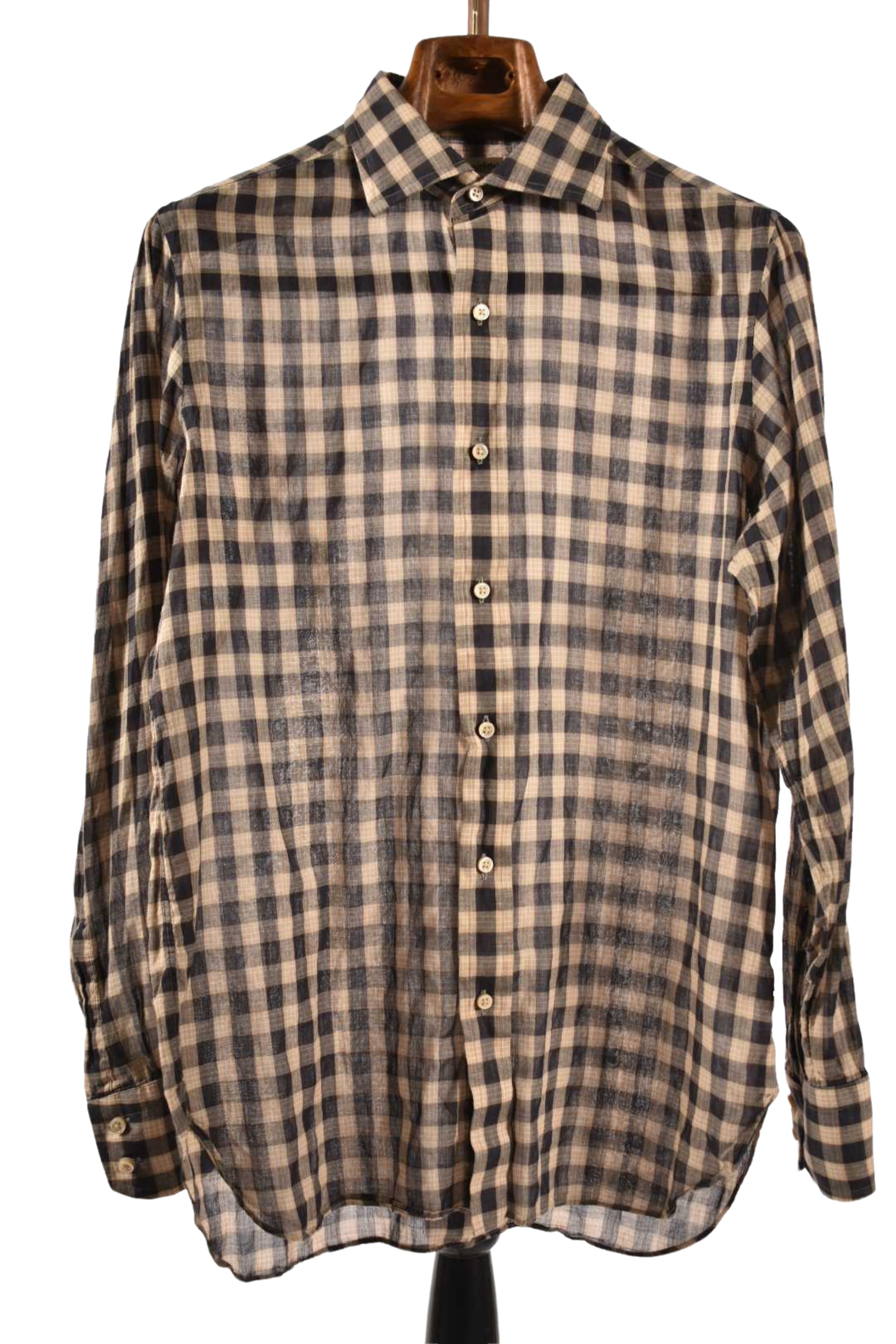 CAMOSHITA UNITED ARROWS Tan Navy Check Light Cotton Shirt 39EU Small