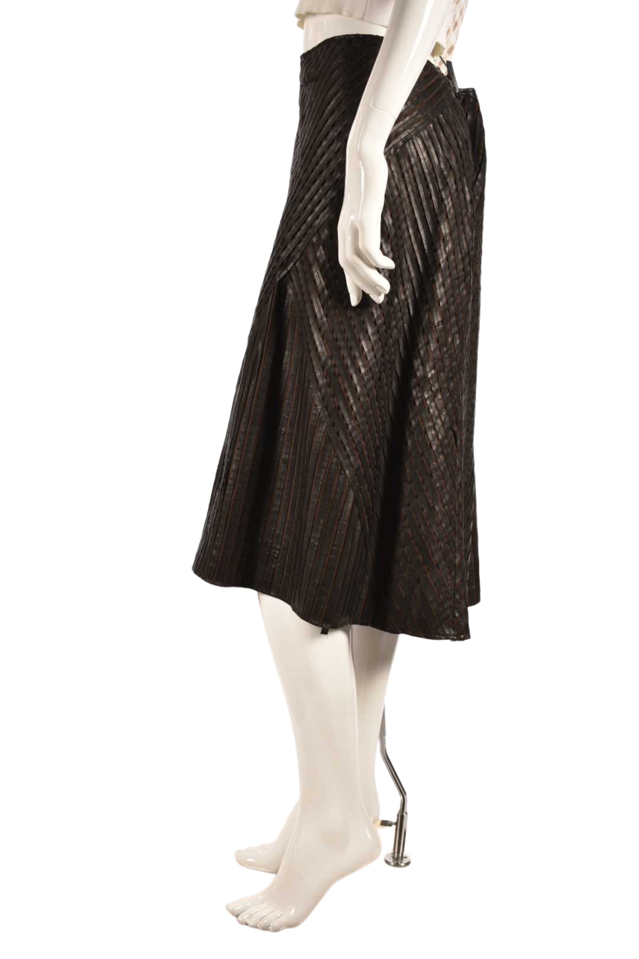 LAFAYETTE 148 Brown Lambskin Leather Patchwork Pleated Knee Skirt 14US