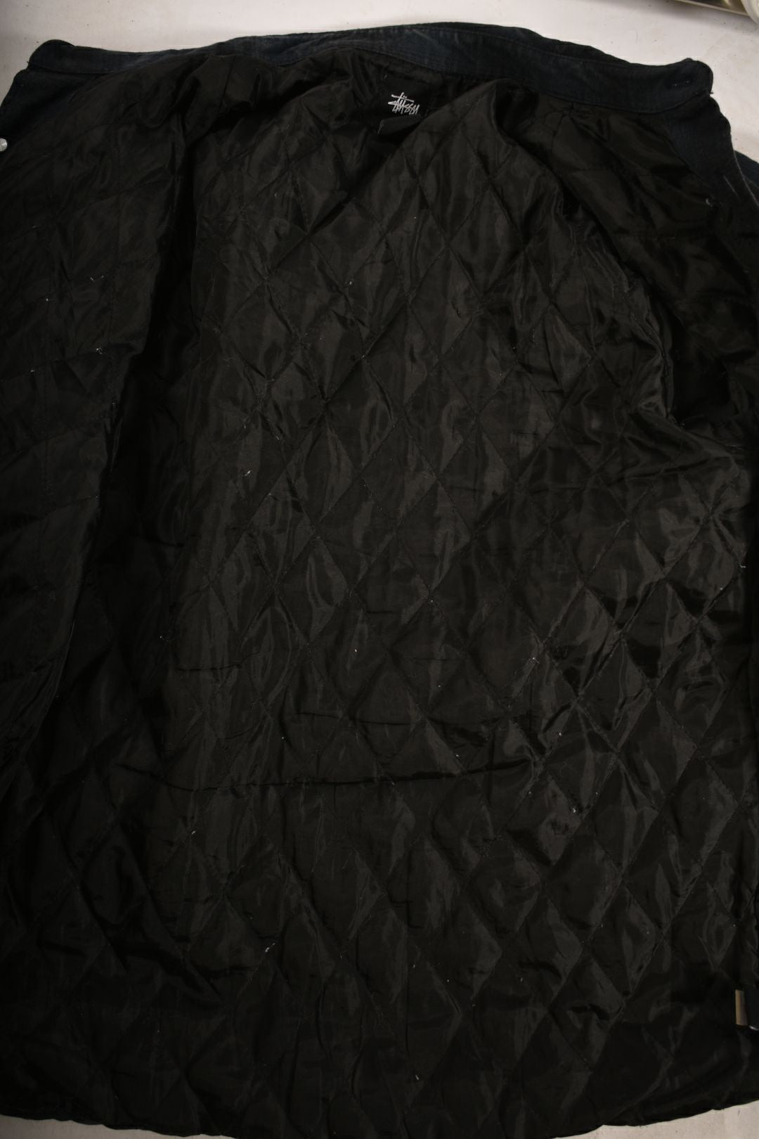 2010s STUSSY Navy Check Cotton Flannel Quilted Shirt Jacket Medium