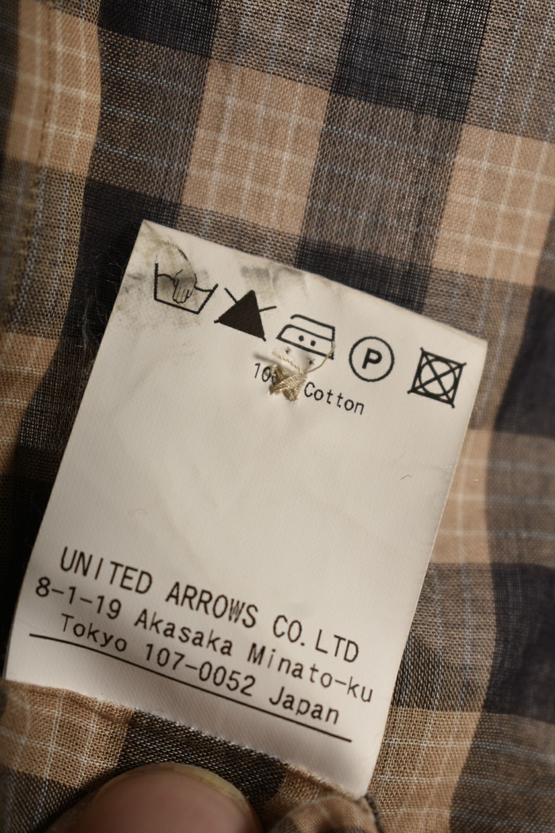 CAMOSHITA UNITED ARROWS Tan Navy Check Light Cotton Shirt 39EU Small