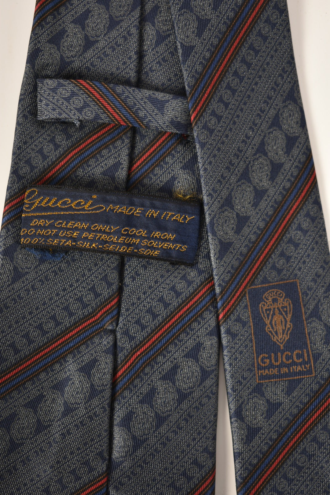 1980s GUCCI Navy Red Paisley Stripe 100% Silk Tie Italy