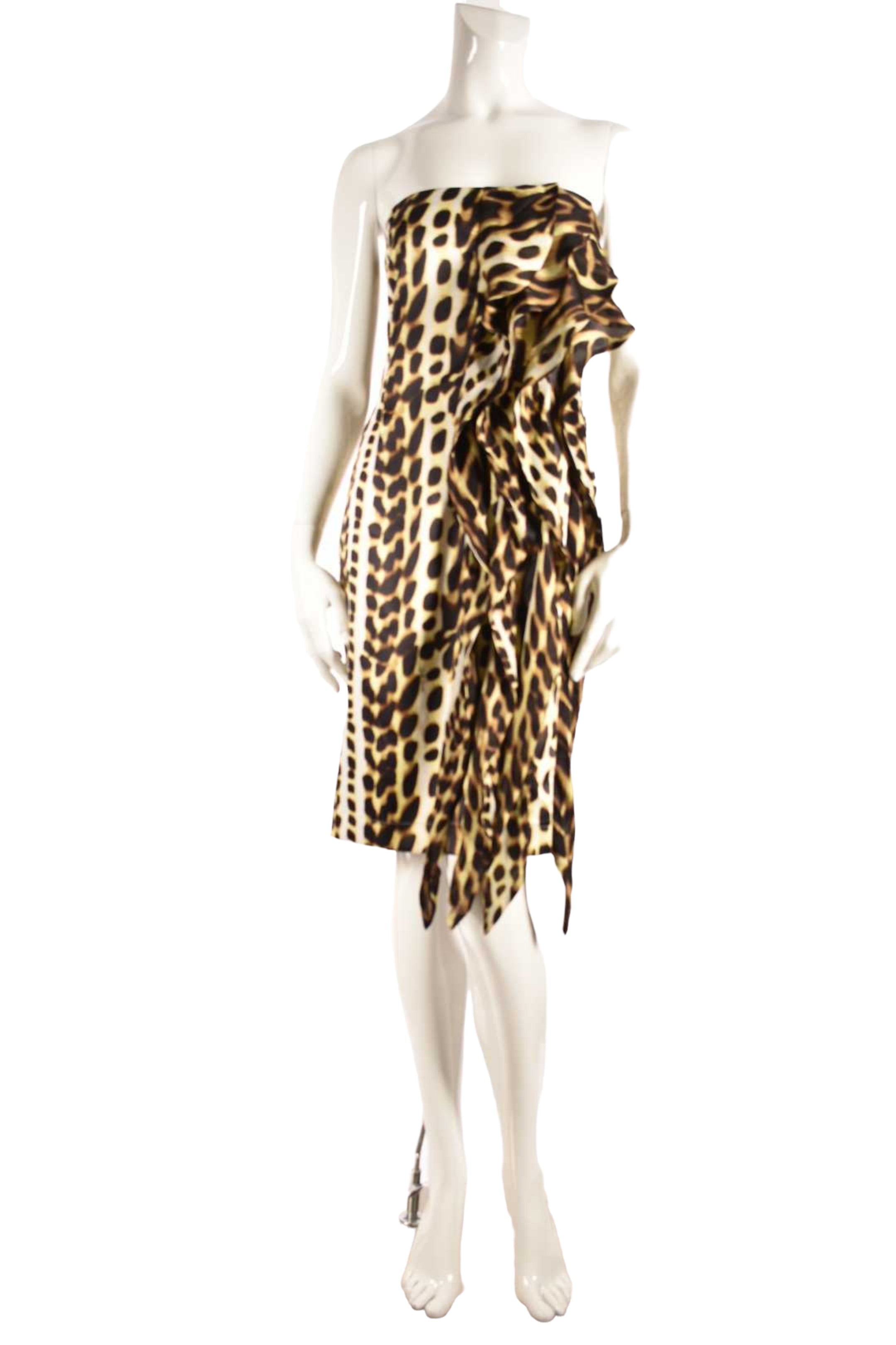 2009 JUST CAVALLI Leopard Print Strapless Silk Fringe Resort Dress