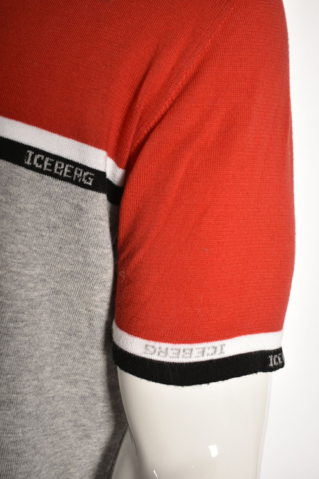 2000s ICEBERG Red Cotton Stripe Colourblock Knit Logo Polo Shirt Medium