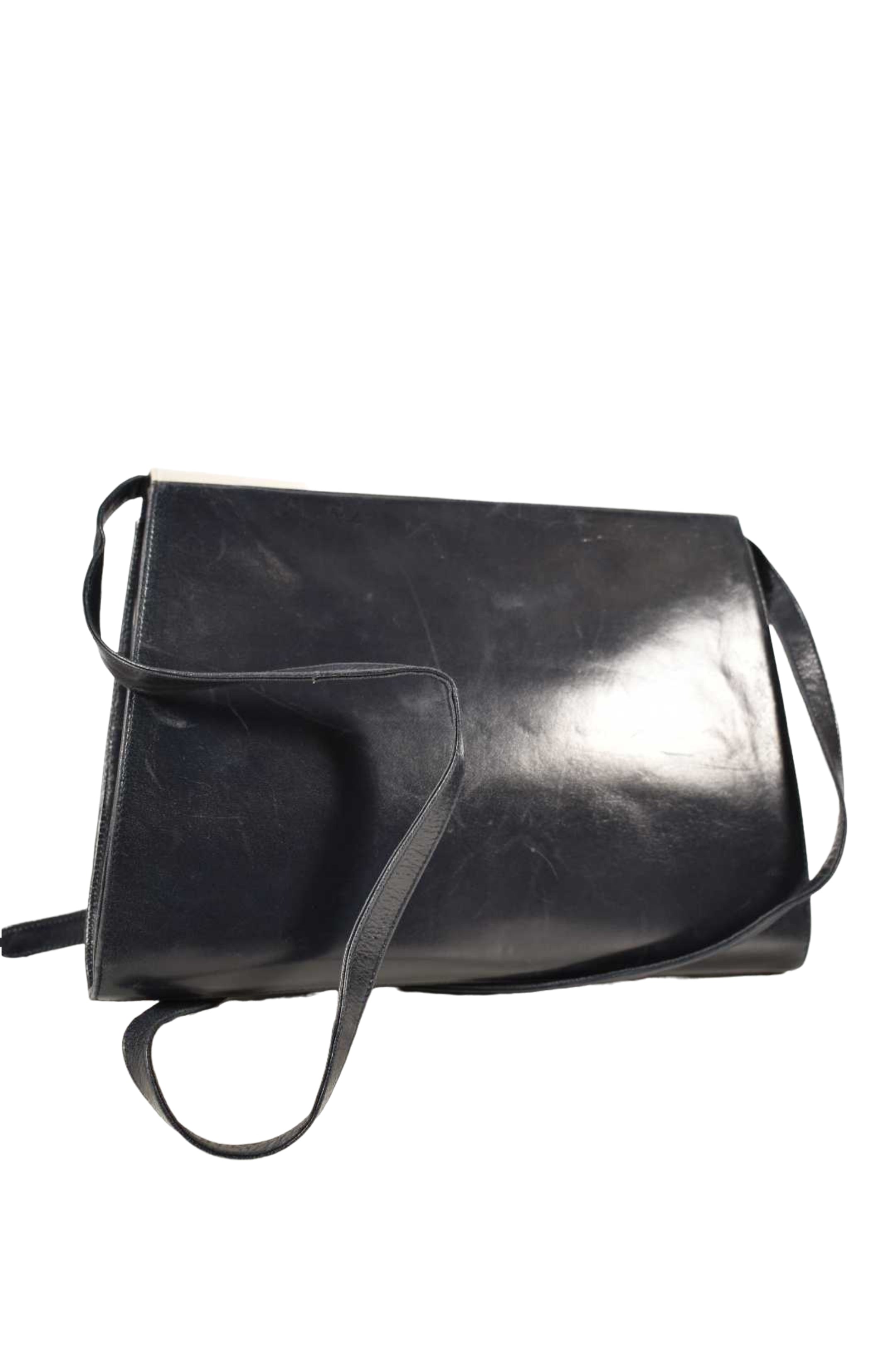 1980s BALLY Navy Cream Calfskin Leather Envelope Flap Shoulder Bag