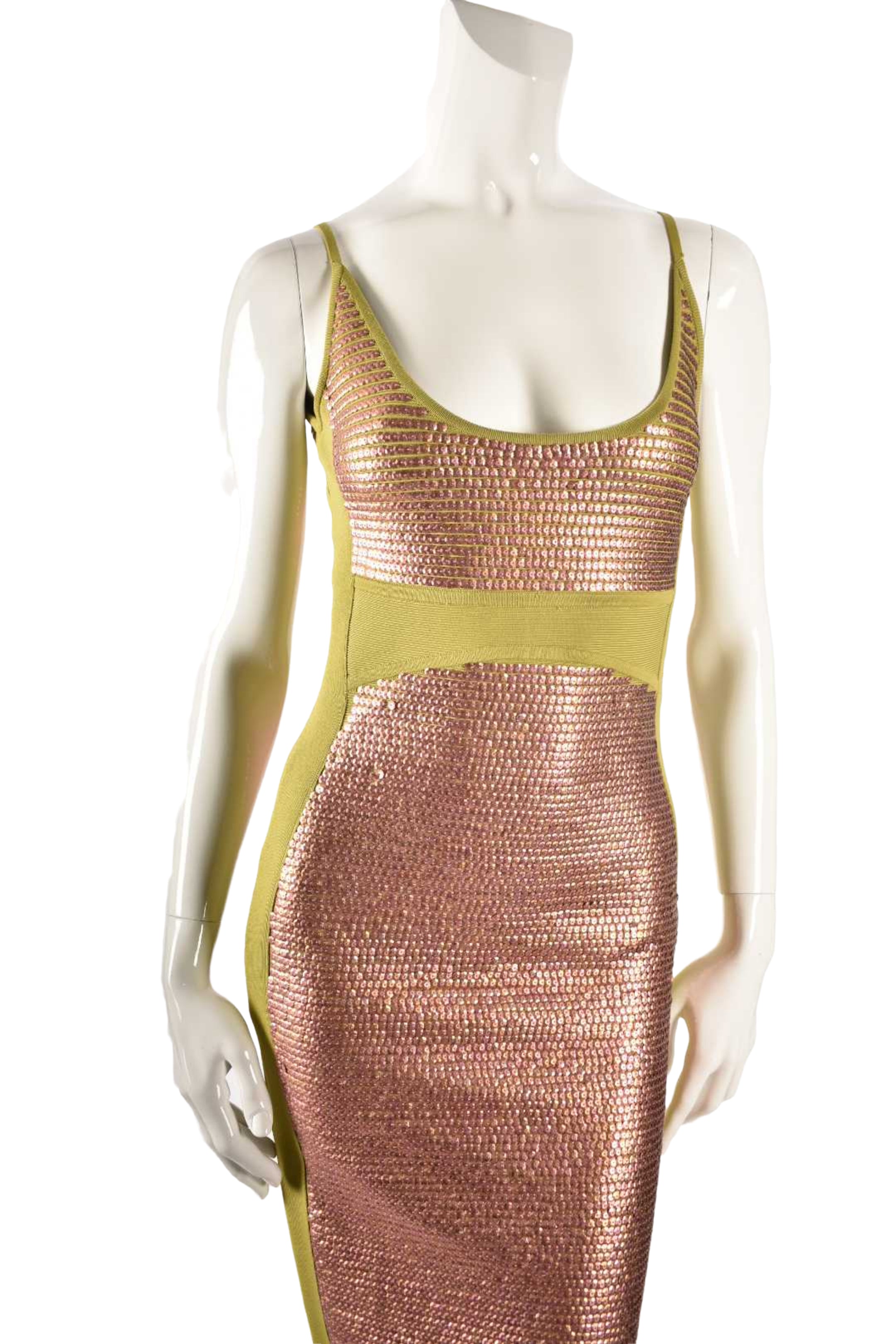 2000s HERVE LEGER Green Copper Sequin Bodycon Rayon Dress Small
