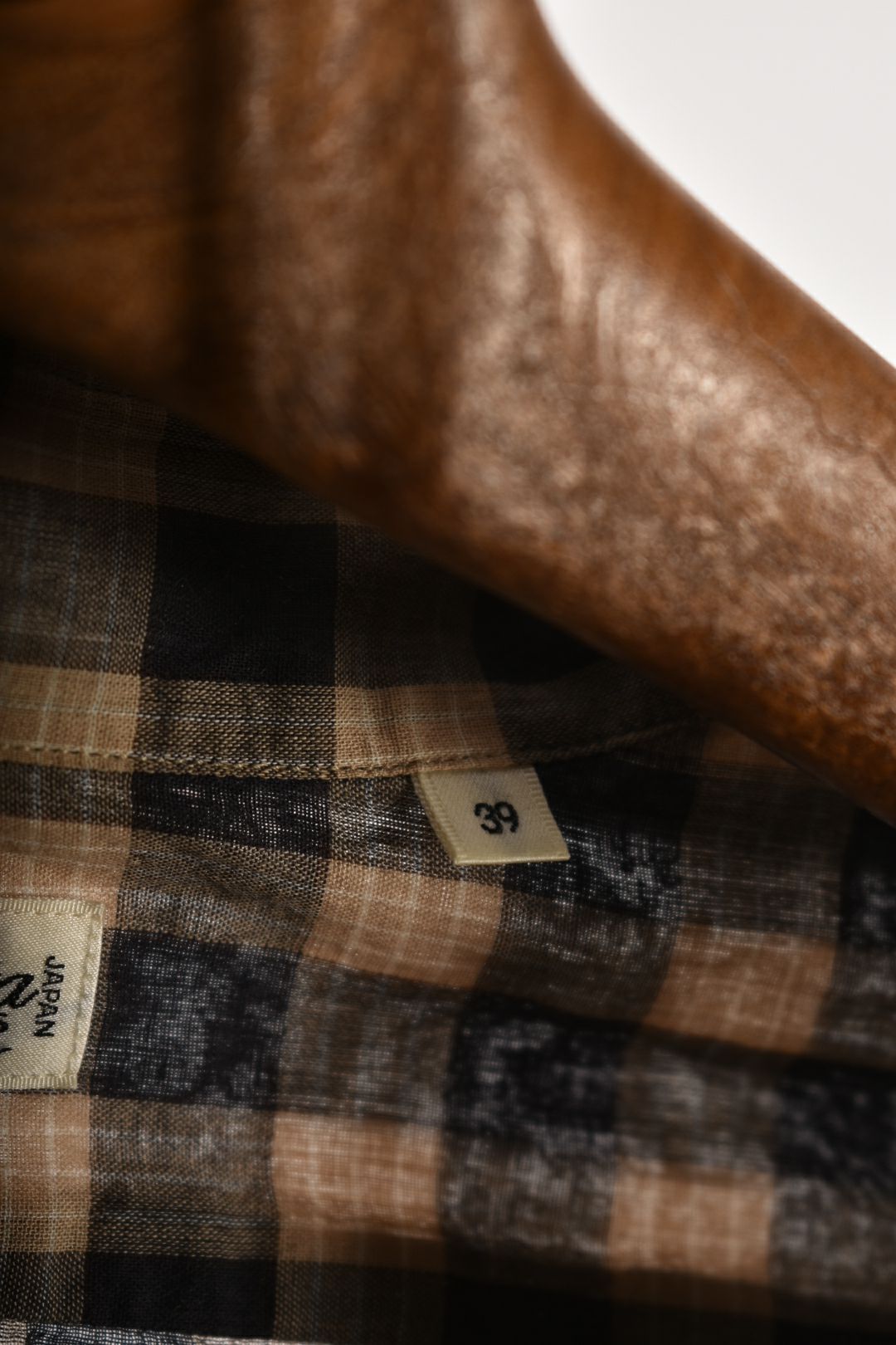 CAMOSHITA UNITED ARROWS Tan Navy Check Light Cotton Shirt 39EU Small