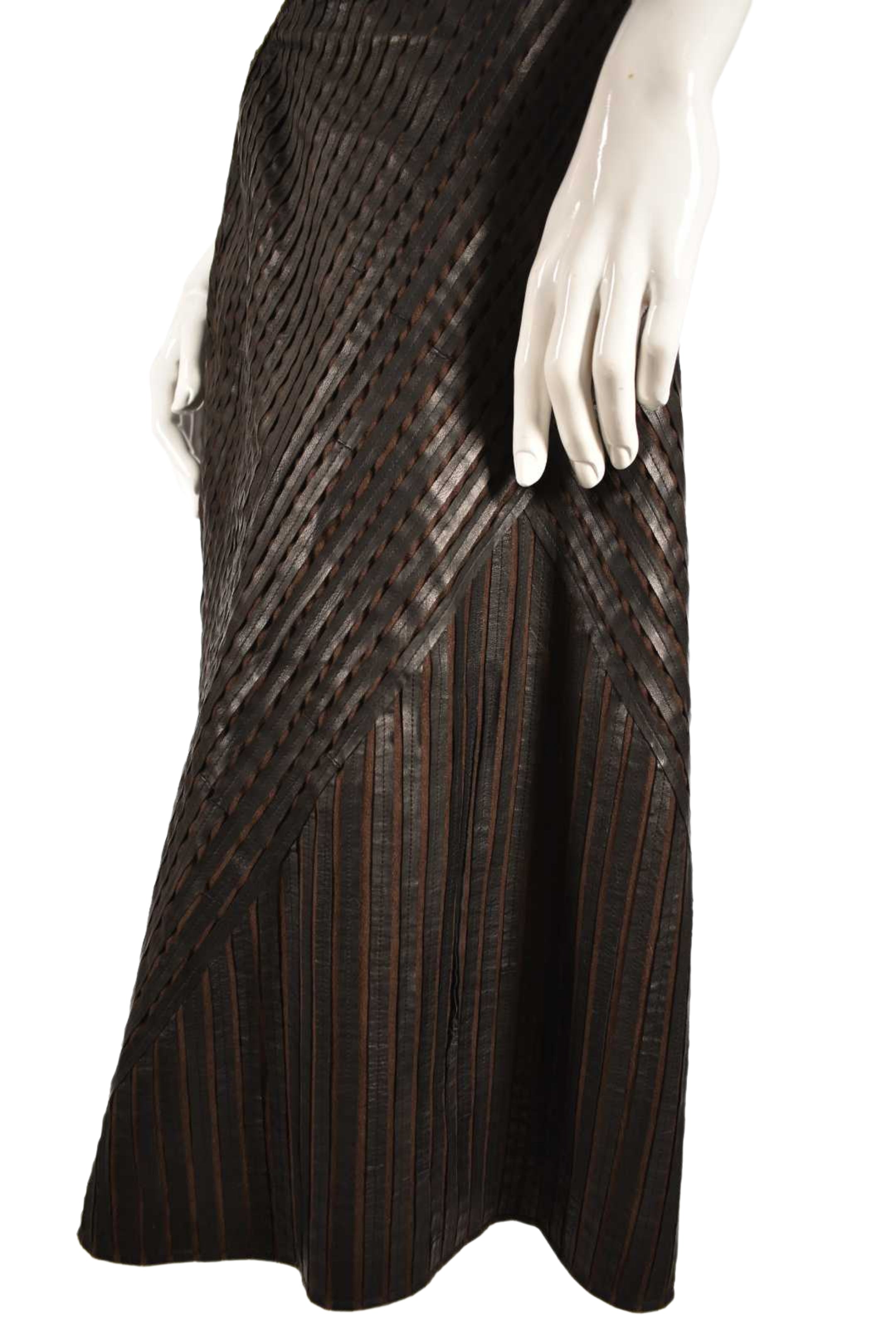 LAFAYETTE 148 Brown Lambskin Leather Patchwork Pleated Knee Skirt 14US