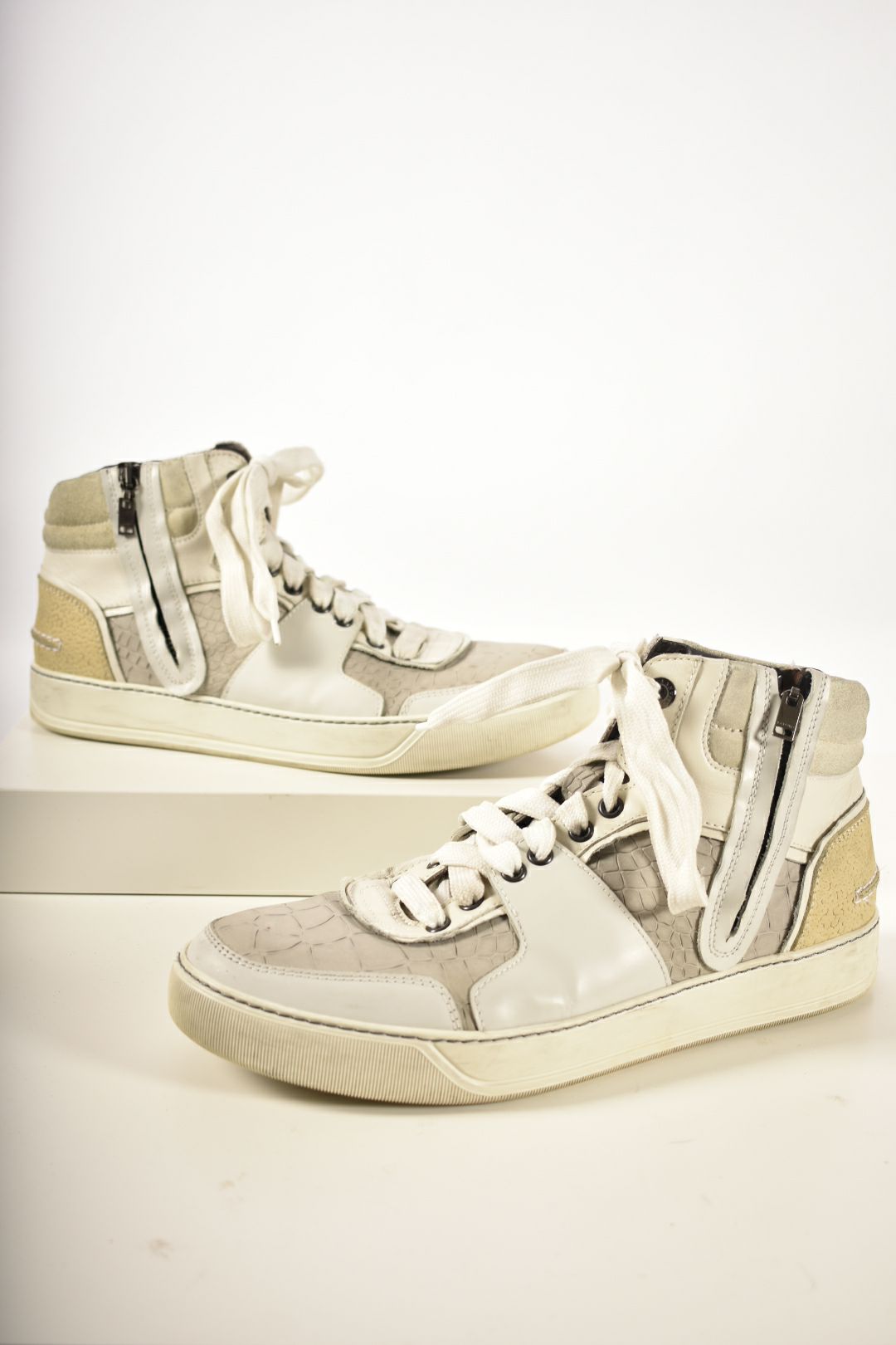 LANVIN White Grey Mixed Media Leather Hightop Zip Sneakers 7EU 8.5US Italy