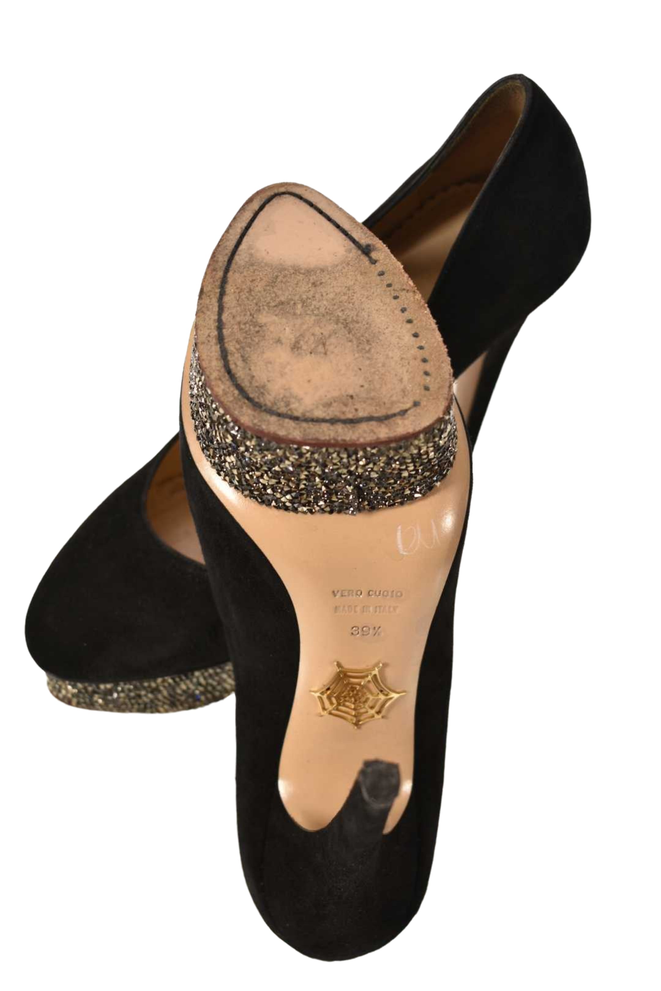 CHARLOTTE OLYMPIA Black Rhinestone Dolly High Heel Suede Pumps 39.5EU Italy
