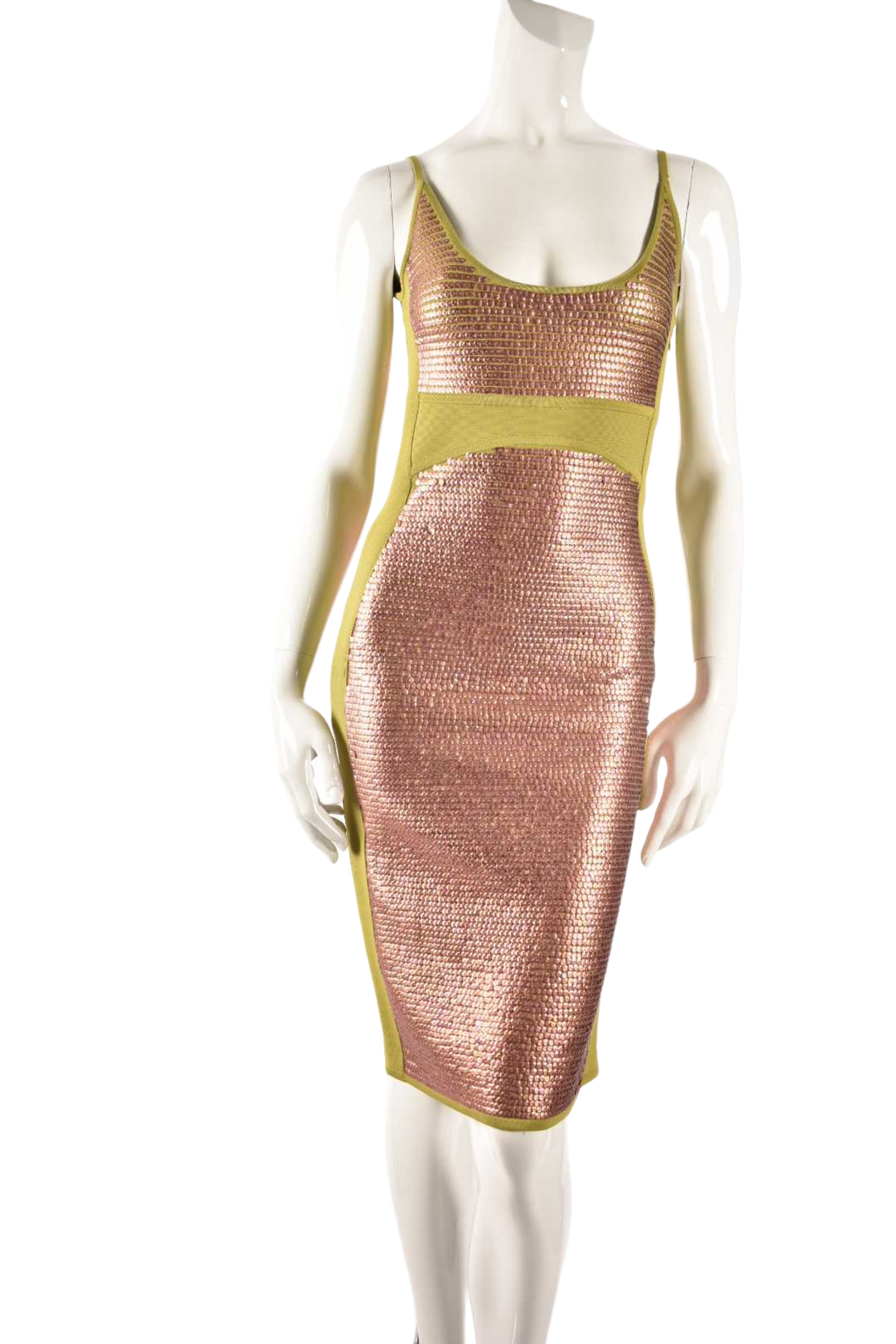 2000s HERVE LEGER Green Copper Sequin Bodycon Rayon Dress Small