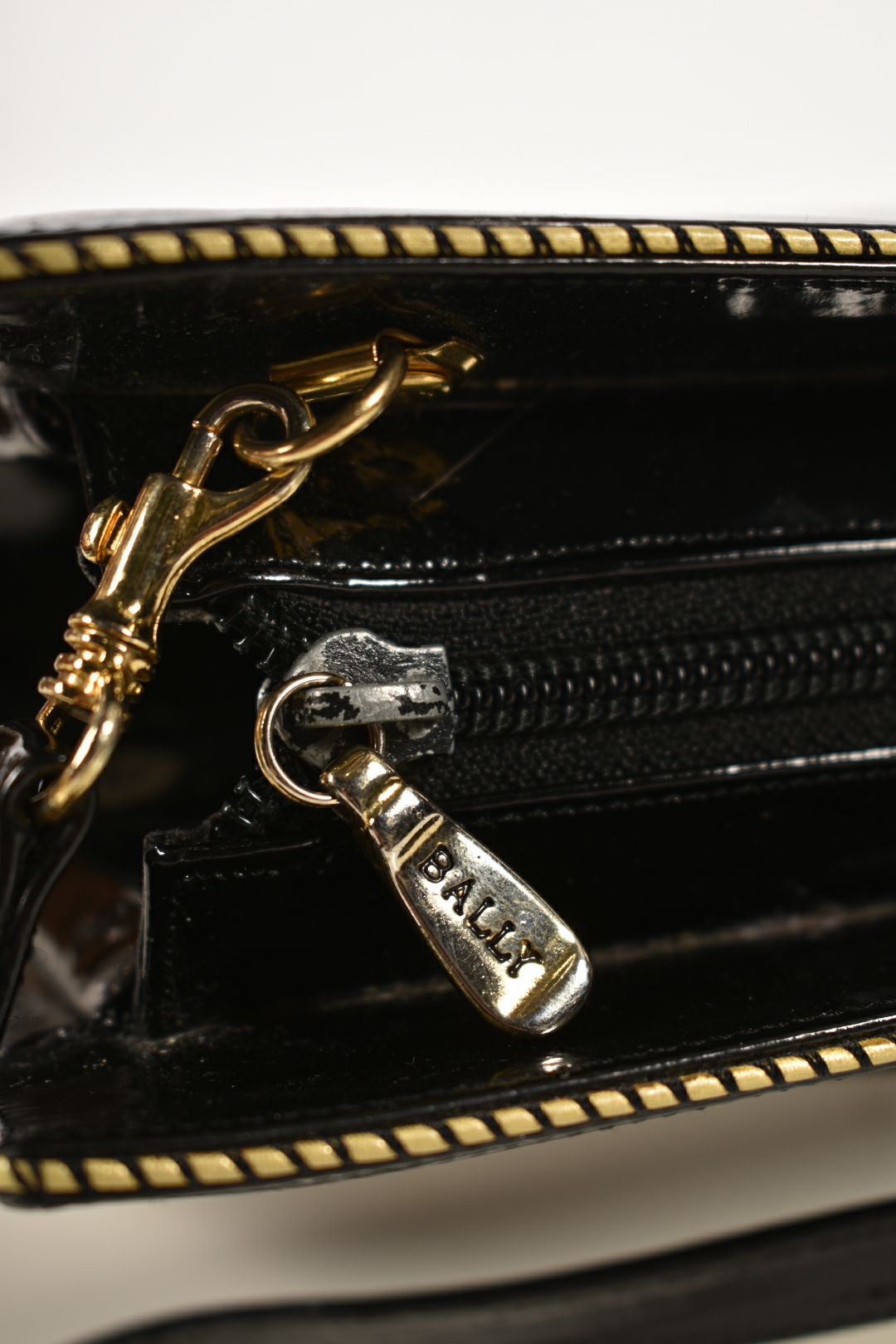 1980s BALLY Black Polished Patent Leather Roped Piping Shoulder Bag
