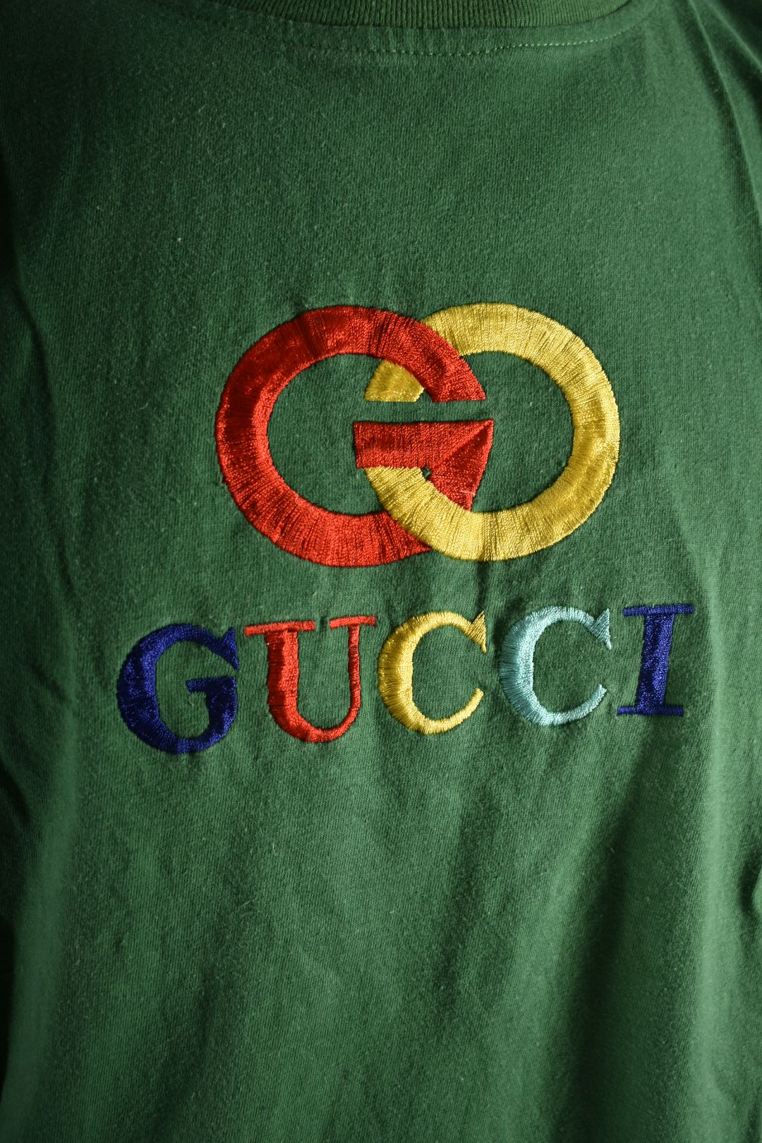1990s Bootleg Gucci Rainbow Embroidered Logo Tee Medium
