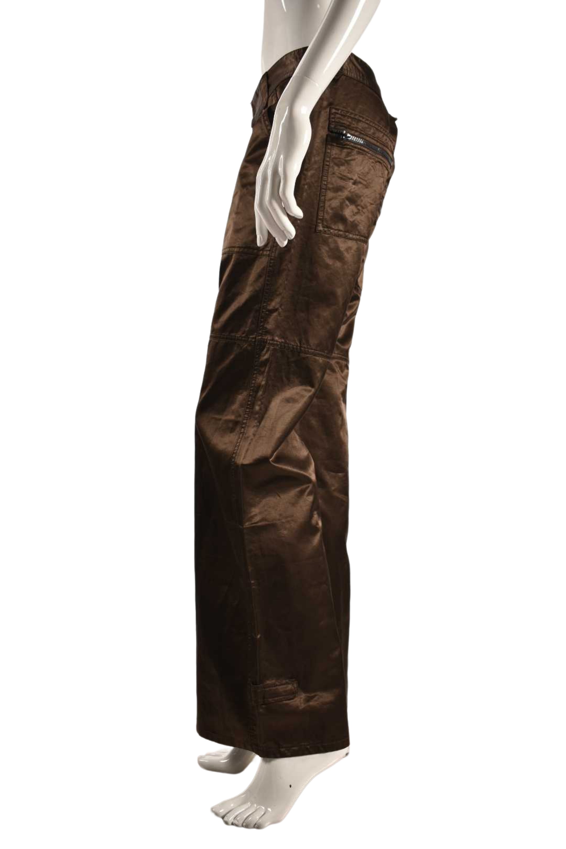 JOSEPH Brown Cotton Satin Zip Utility Wide Leg Pants Large