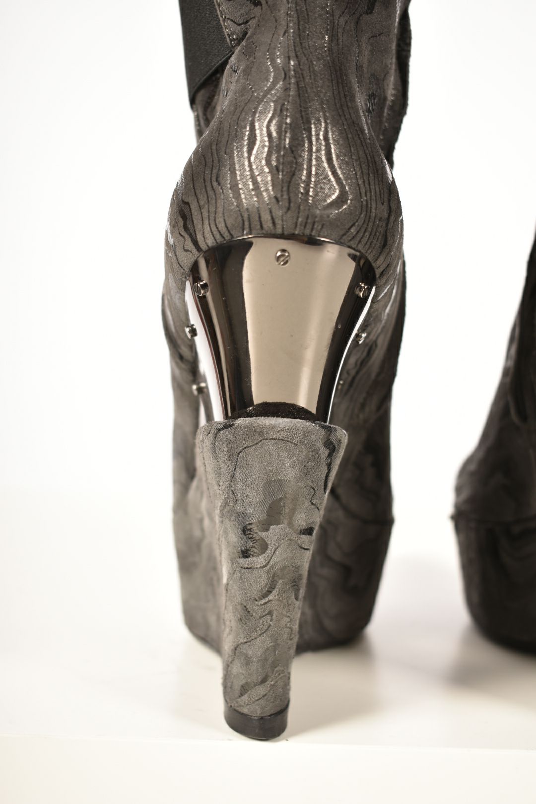 LORIBLU Grey Leather Marble Wedge Metallic Boots 7US