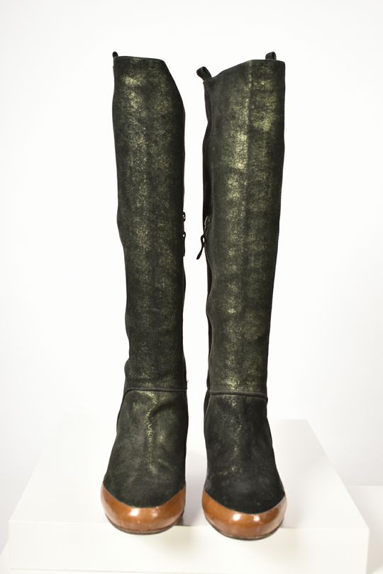 DRIES VAN NOTEN Green Metallic Leather Mid Calf Boots 9US