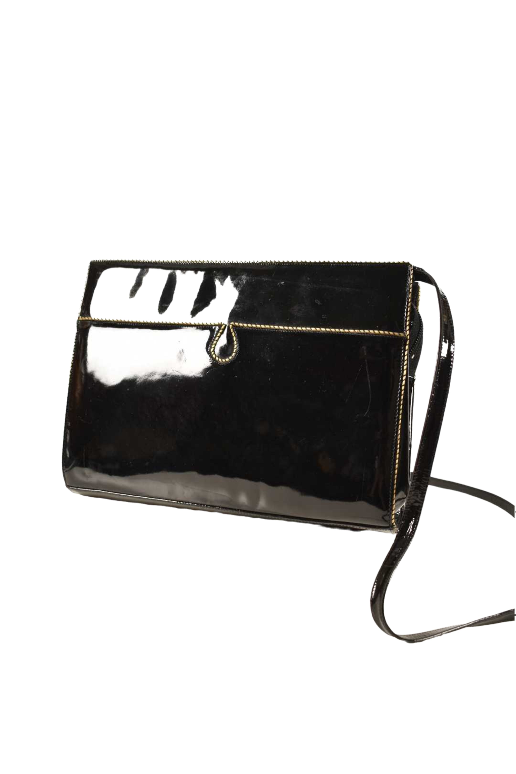 1980s BALLY Black Polished Patent Leather Roped Piping Shoulder Bag