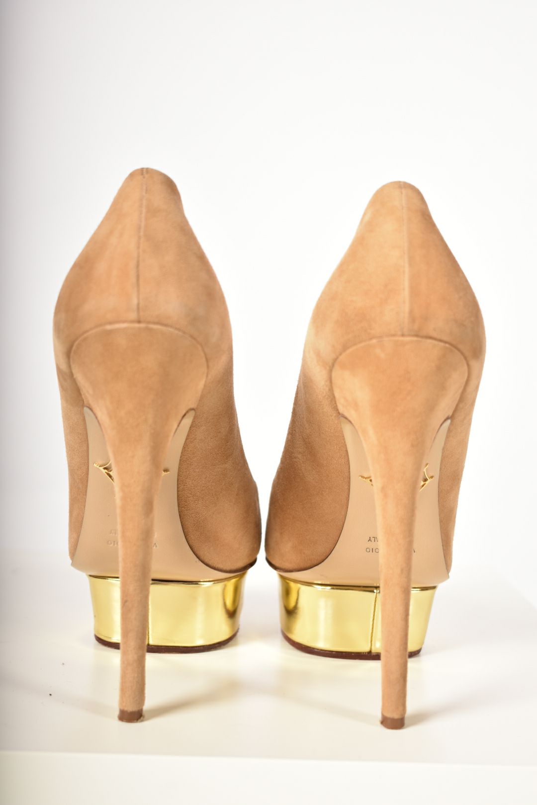 CHARLOTTE OLYMPIA Beige Gold Metallic Dolly High Heel Suede Pumps 38.5EU Italy