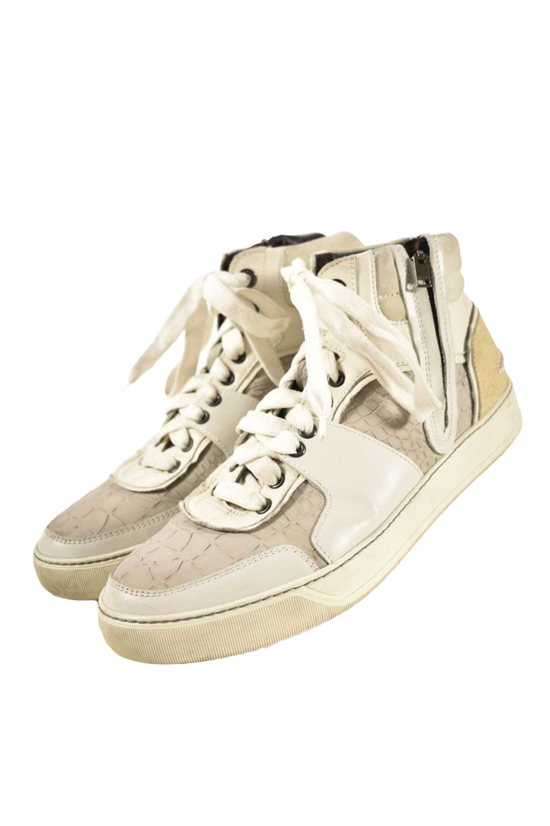 LANVIN White Grey Mixed Media Leather Hightop Zip Sneakers 7EU 8.5US Italy