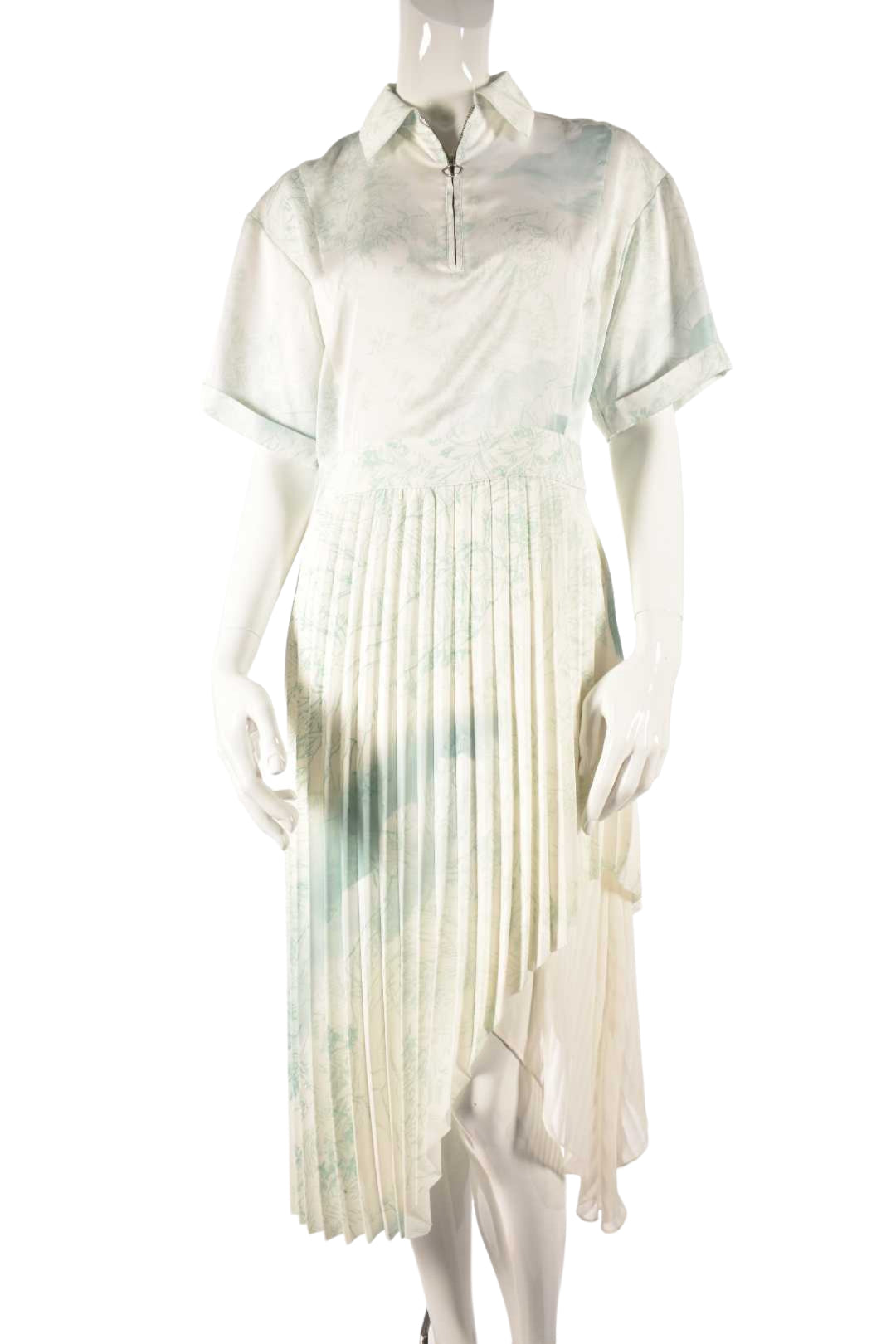 ANDERSSON BELL White Green Watercolour Pleated Zip Dress Medium Korea