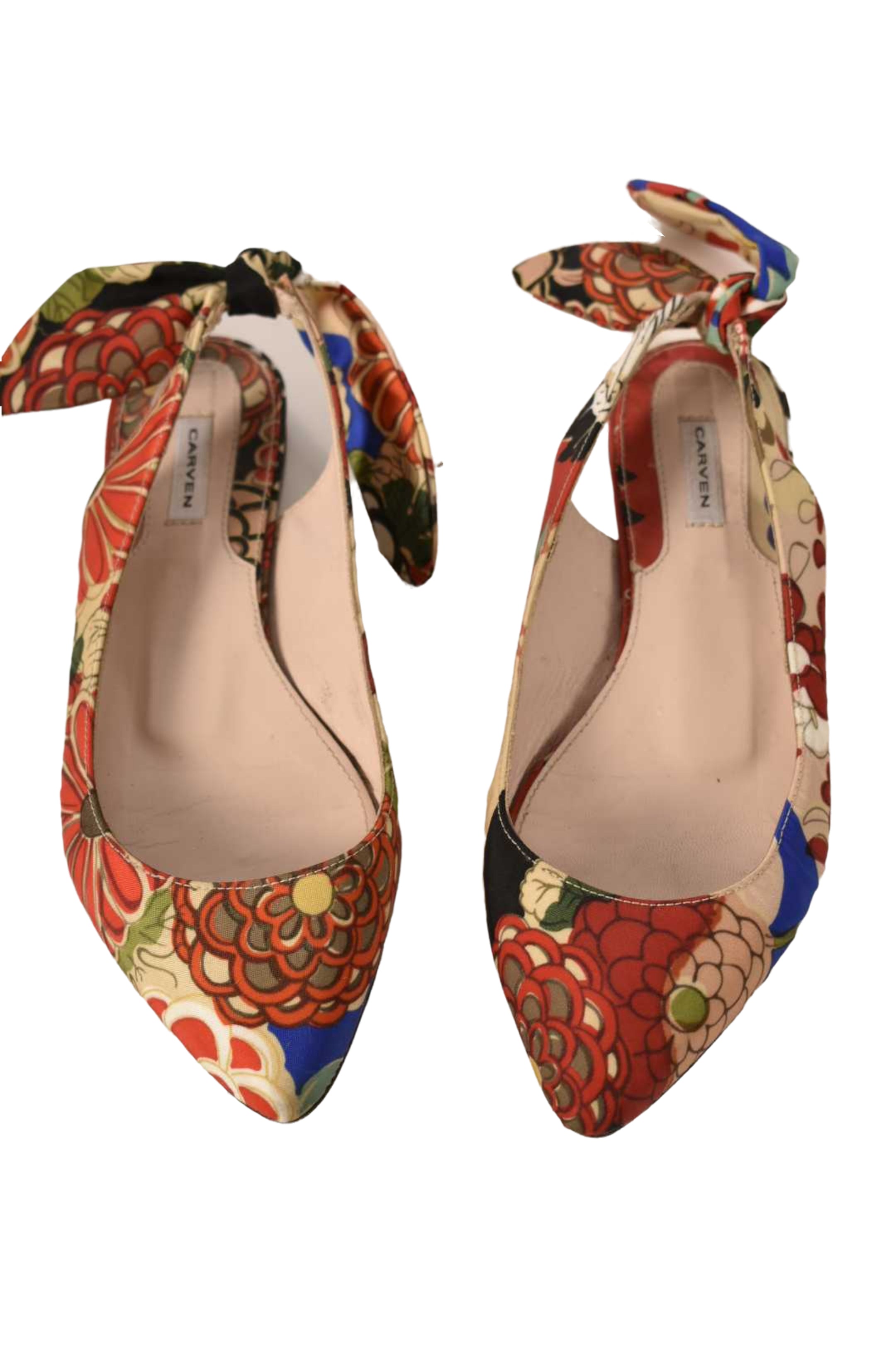 CARVEN Beige Red Multi Pointed Nylon Slingback Floral Riviera Flat 7.5US Italy