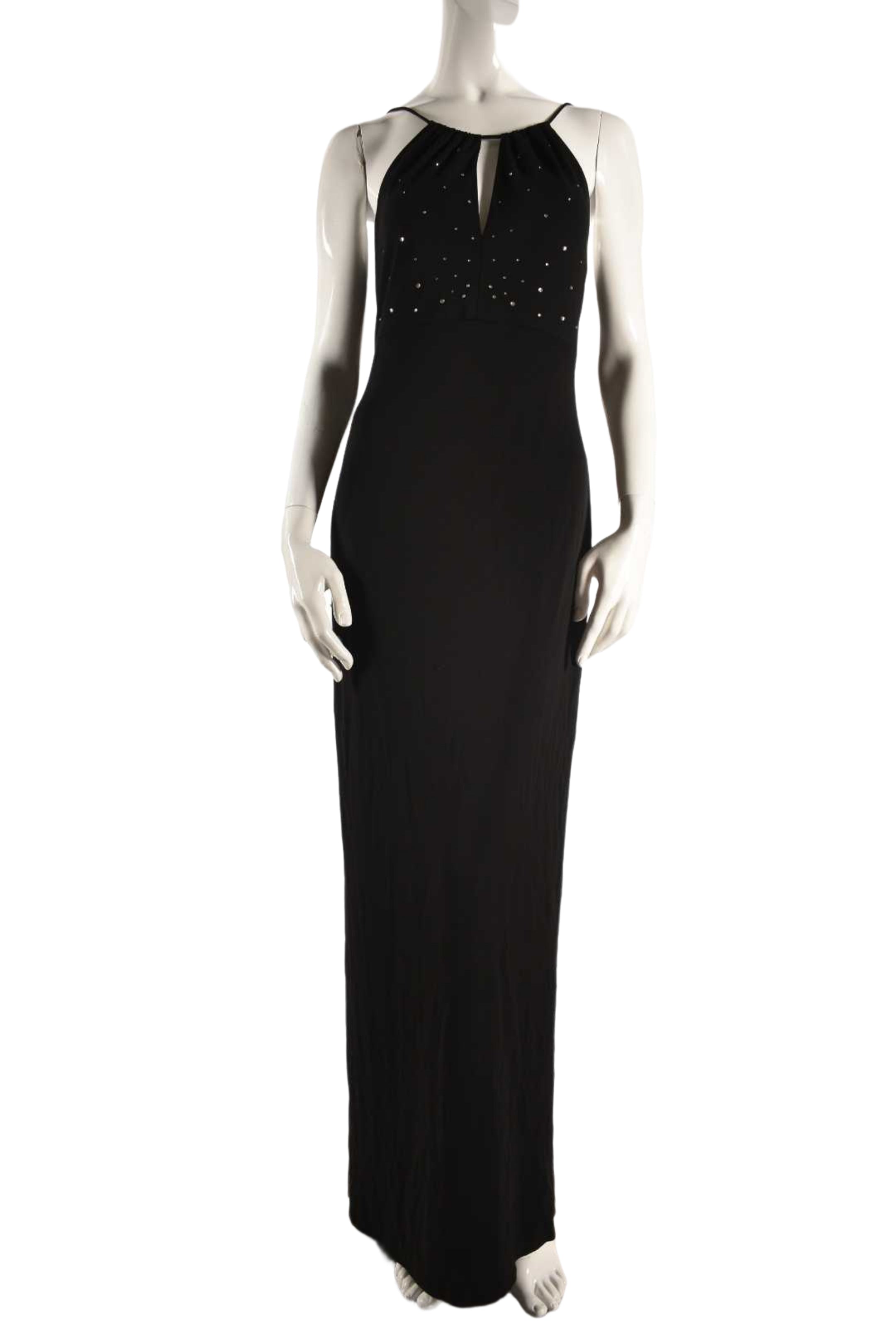 1990s SELINA Black Knit Rayon Rhinestone Halter Gown 6US