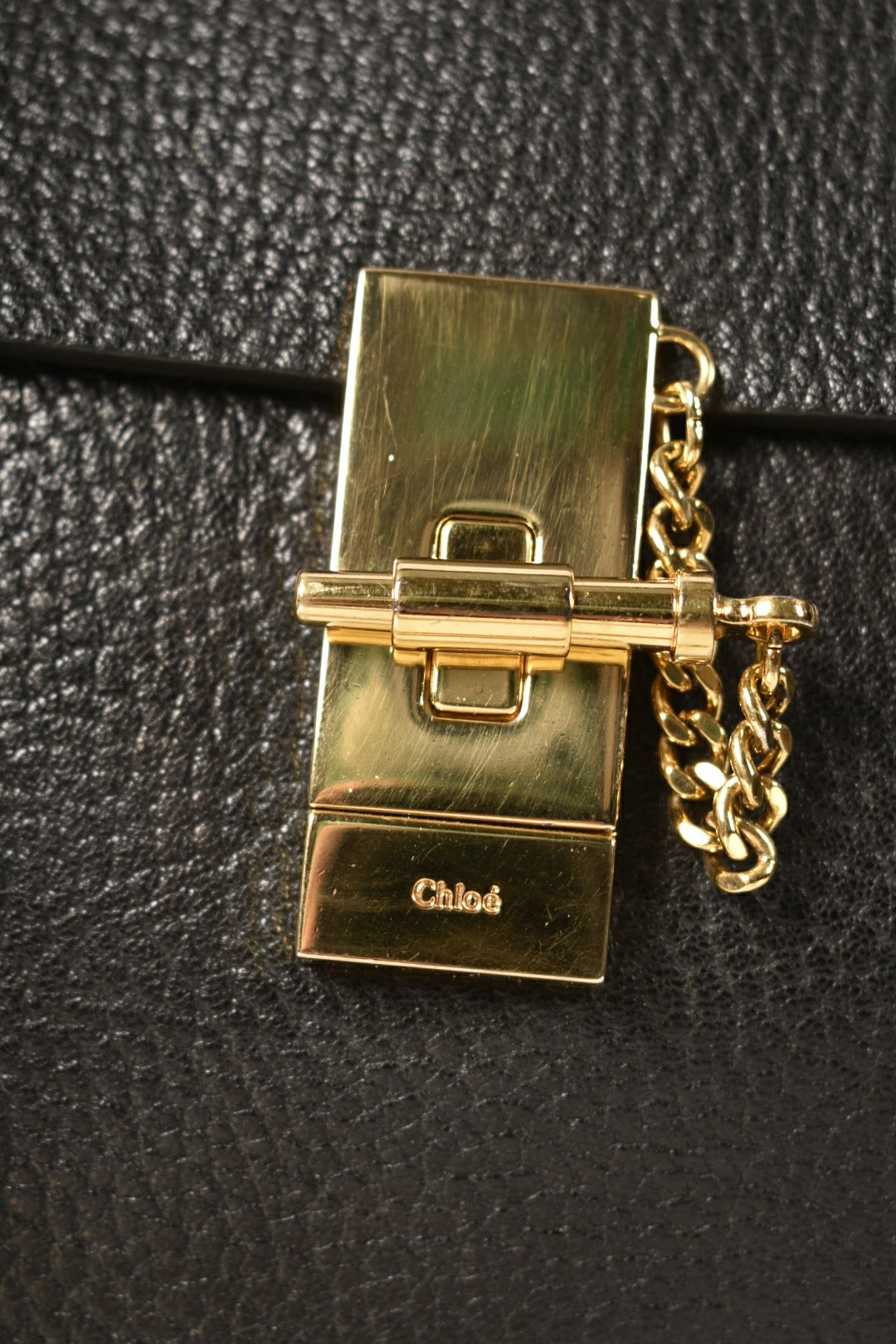 CHLOE Black Pebbled Leather Drew Bag Gold Hardware Italy