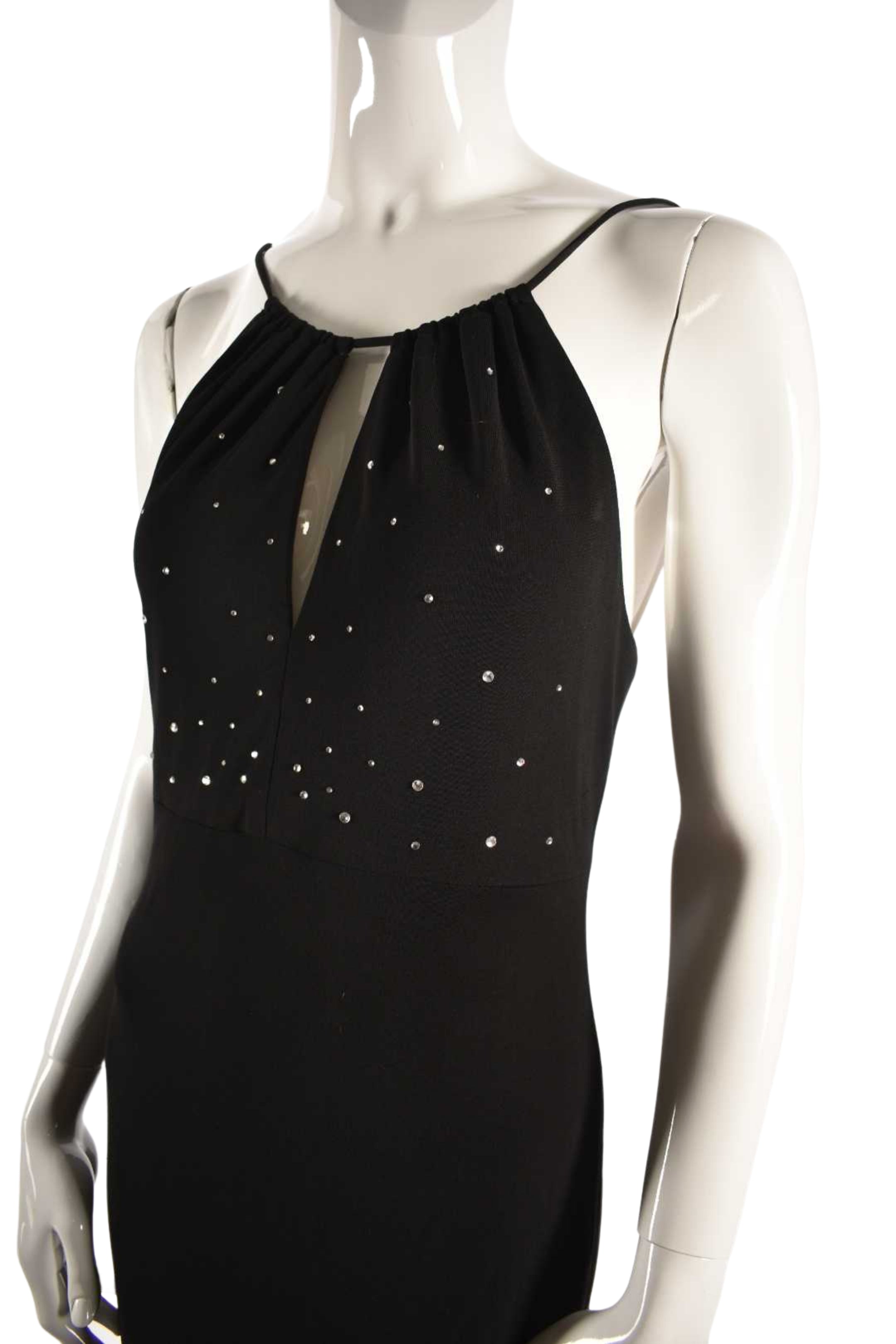 1990s SELINA Black Knit Rayon Rhinestone Halter Gown 6US