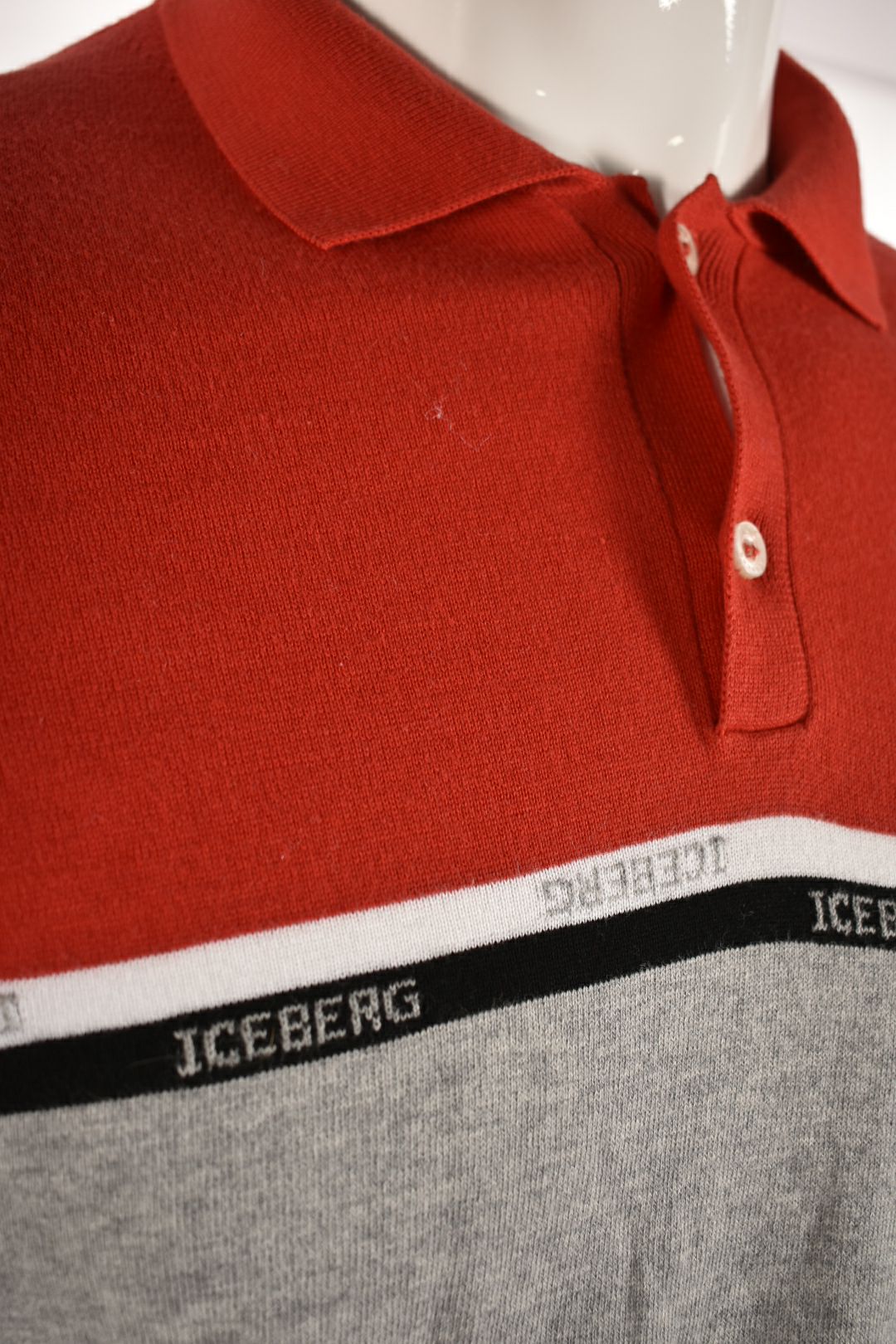 2000s ICEBERG Red Cotton Stripe Colourblock Knit Logo Polo Shirt Medium
