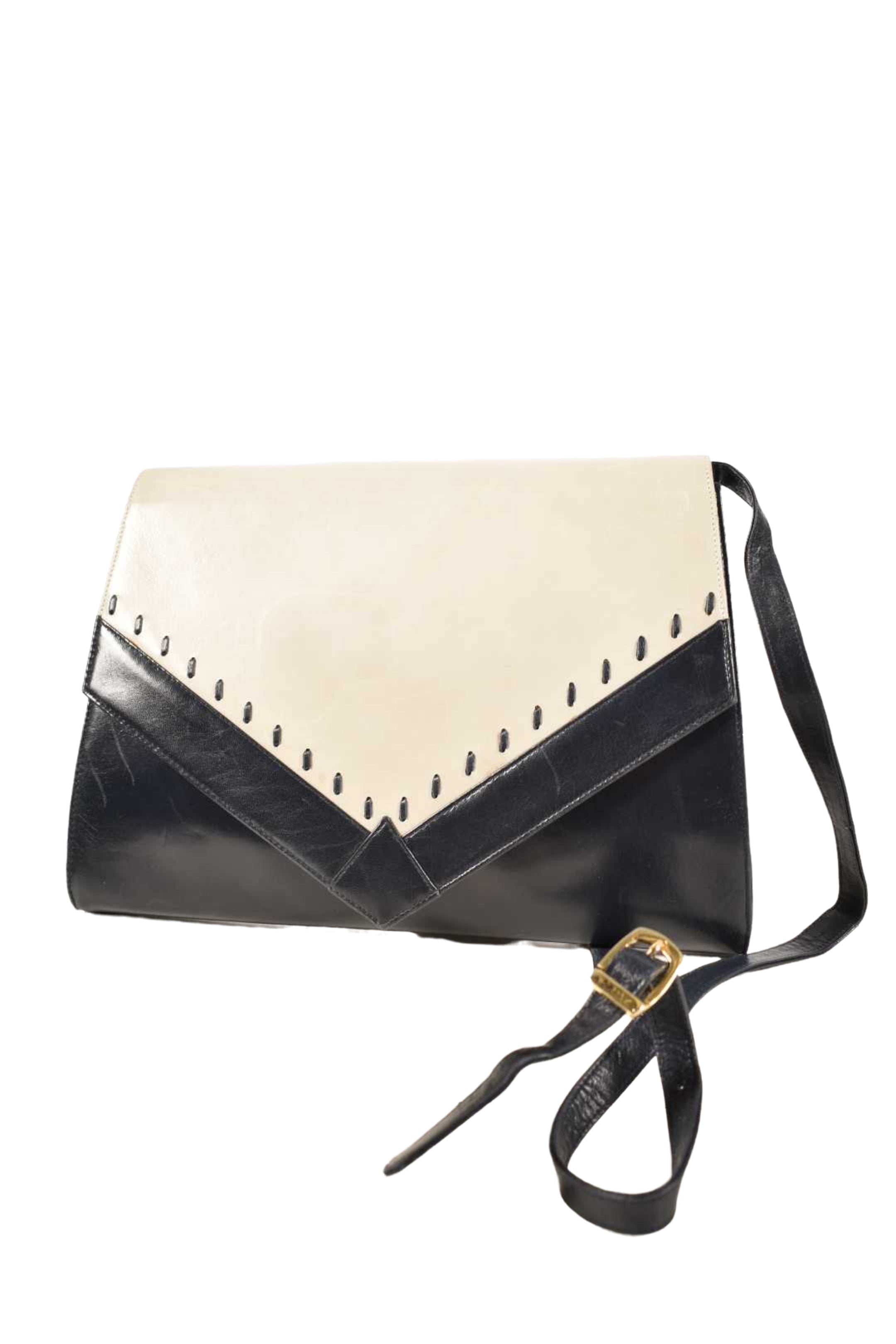1980s BALLY Navy Cream Calfskin Leather Envelope Flap Shoulder Bag