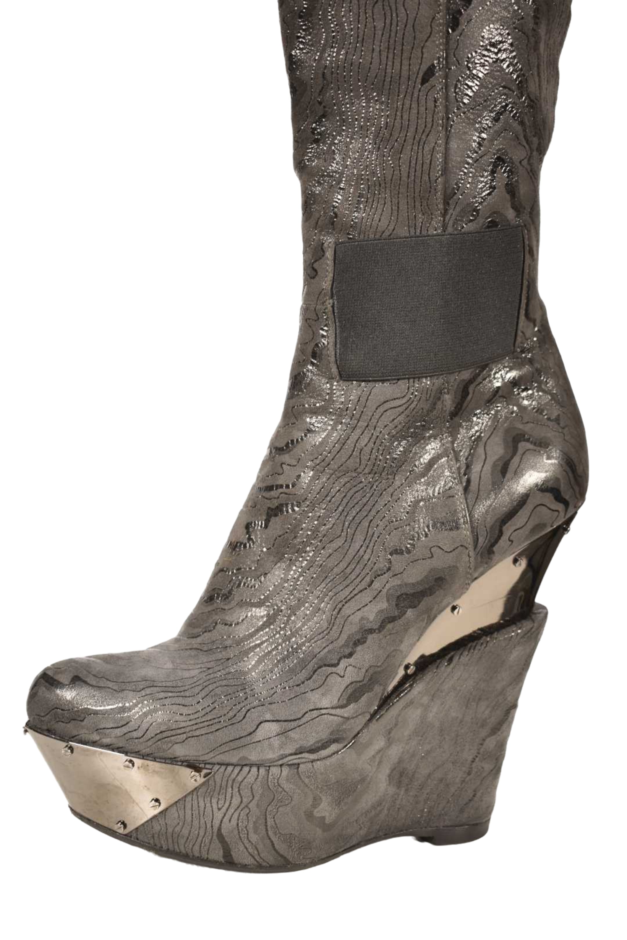 LORIBLU Grey Leather Marble Wedge Metallic Boots 7US