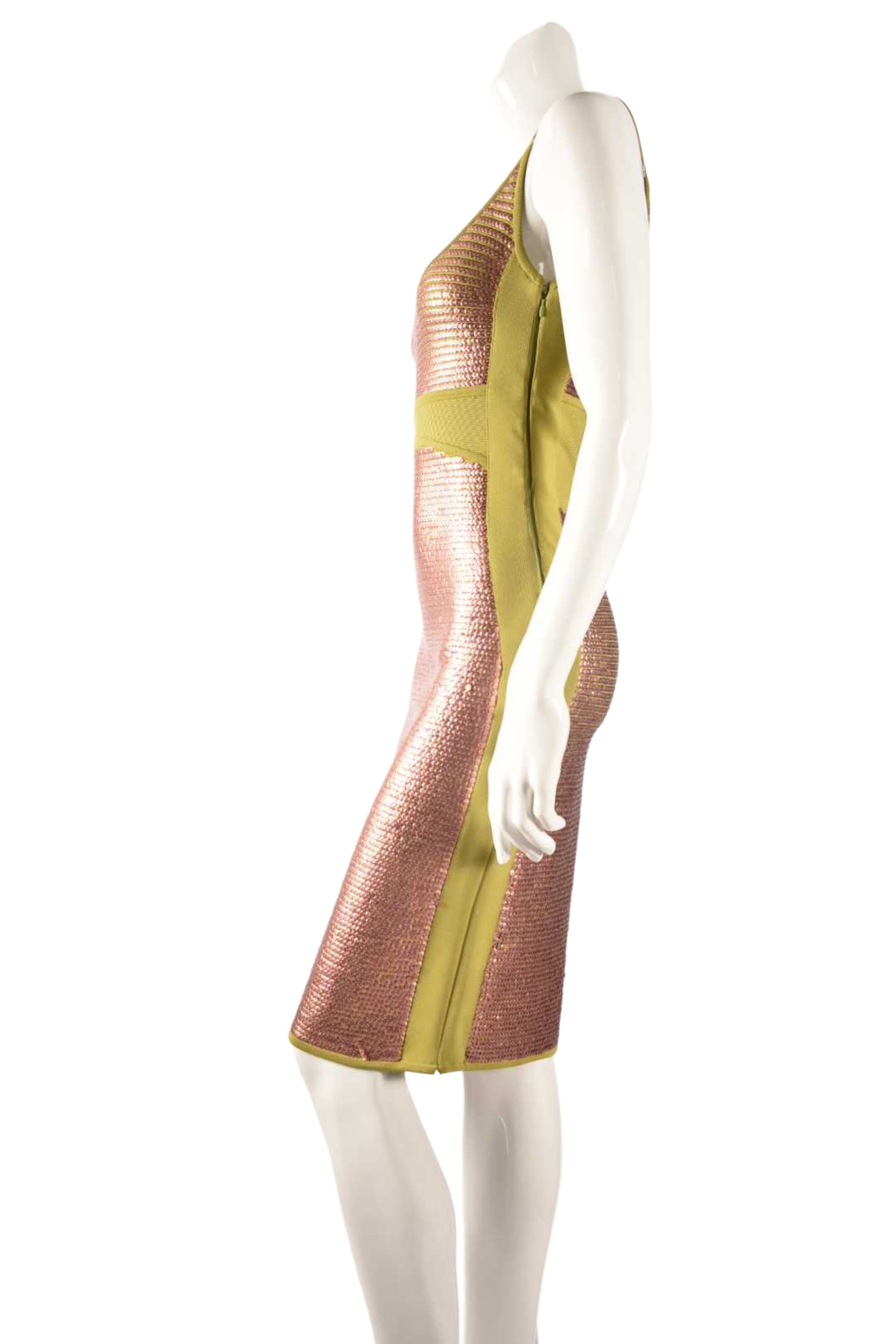 2000s HERVE LEGER Green Copper Sequin Bodycon Rayon Dress Small