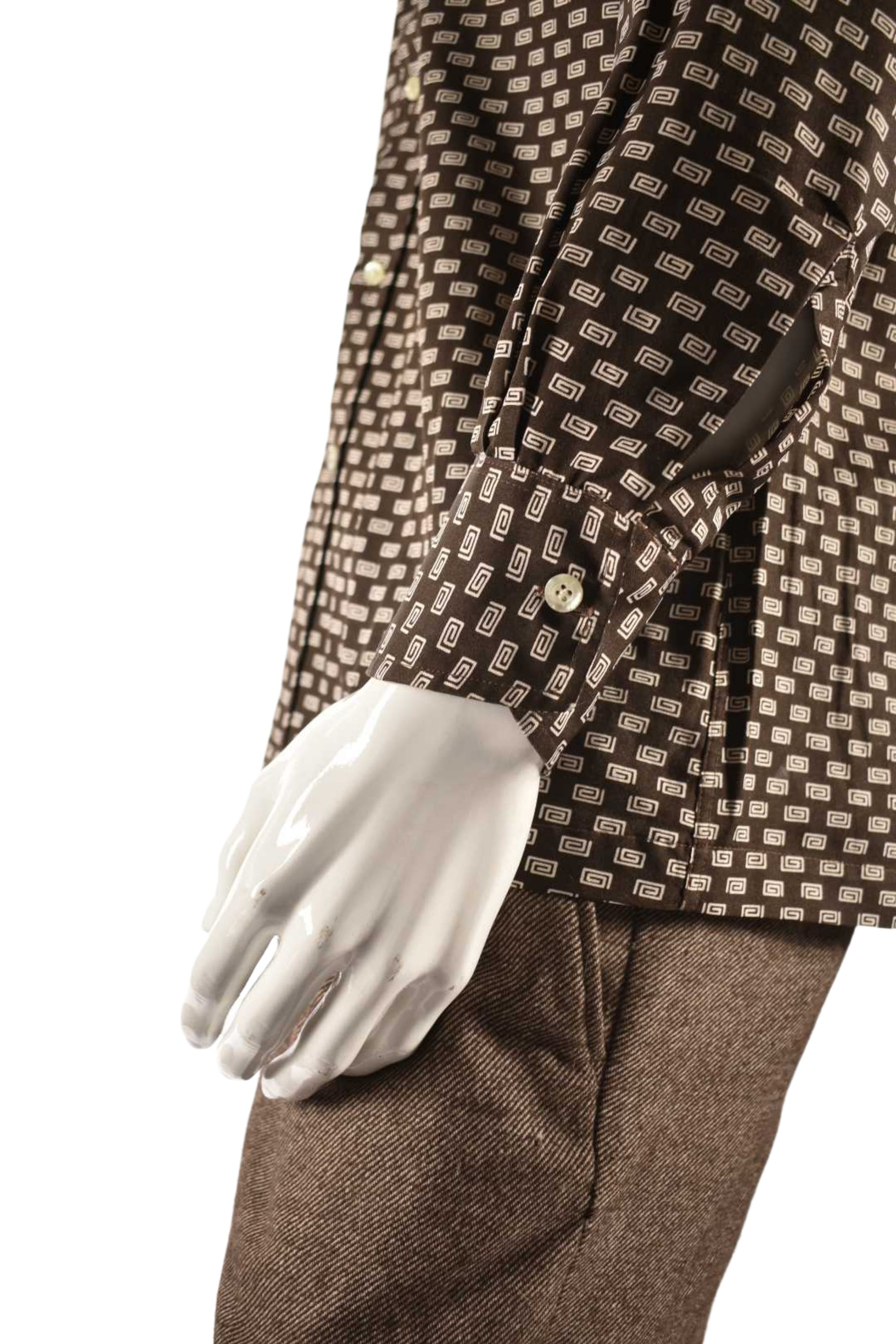 1970s GIVENCHY Brown G Print Pointed Collar Poly Shirt Medium
