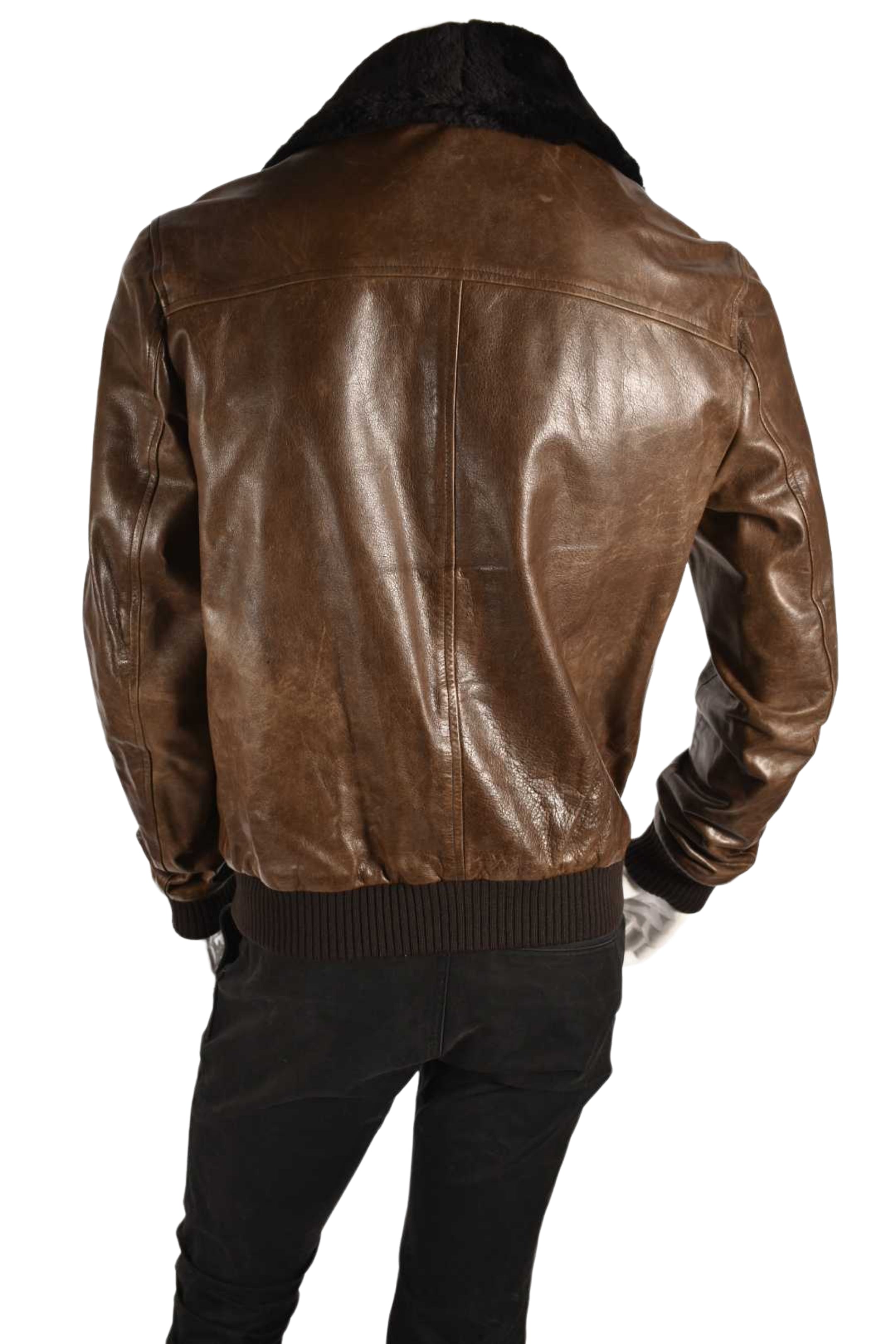 M0851 Brown Leather Beaver Collar Bomber Aviator Jacket Small Canada