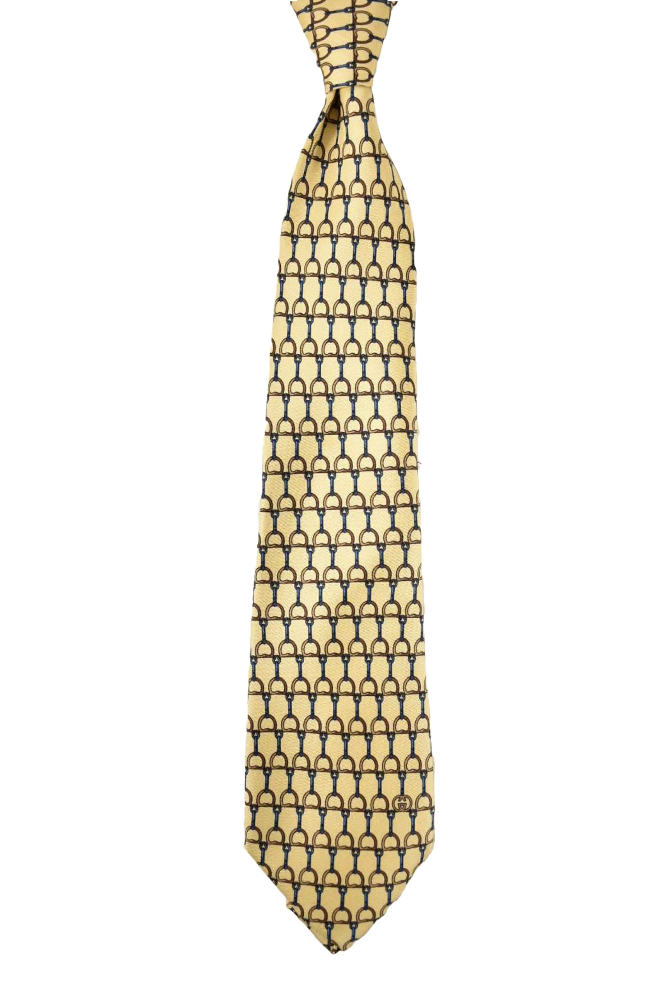 1980s GUCCI Yellow Blue 100% Silk Horsebit Chain Tie