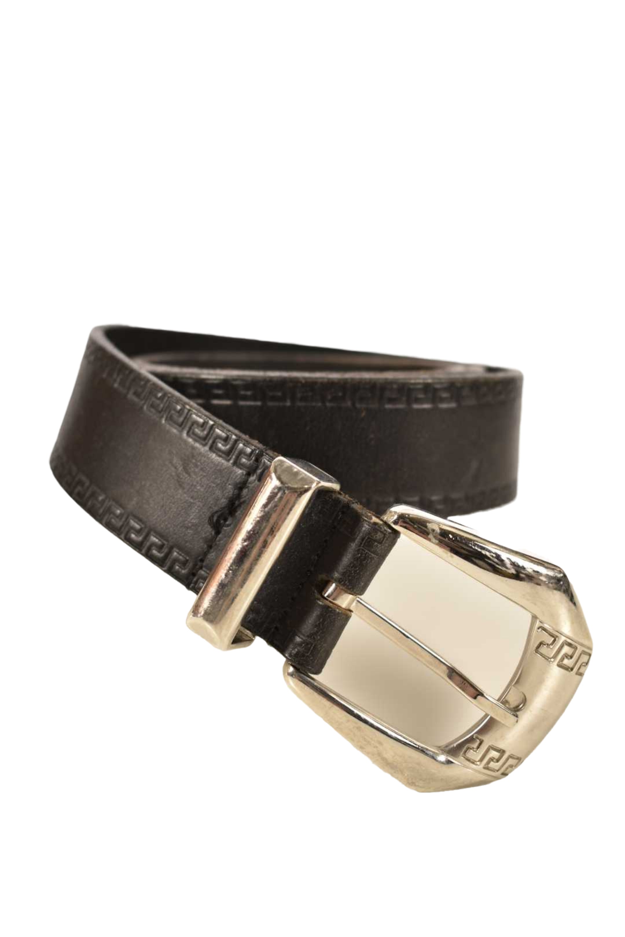 1990s VERSACE V2 Black Leather Grecian Pattern Silver Buckle Belt 34" Italy