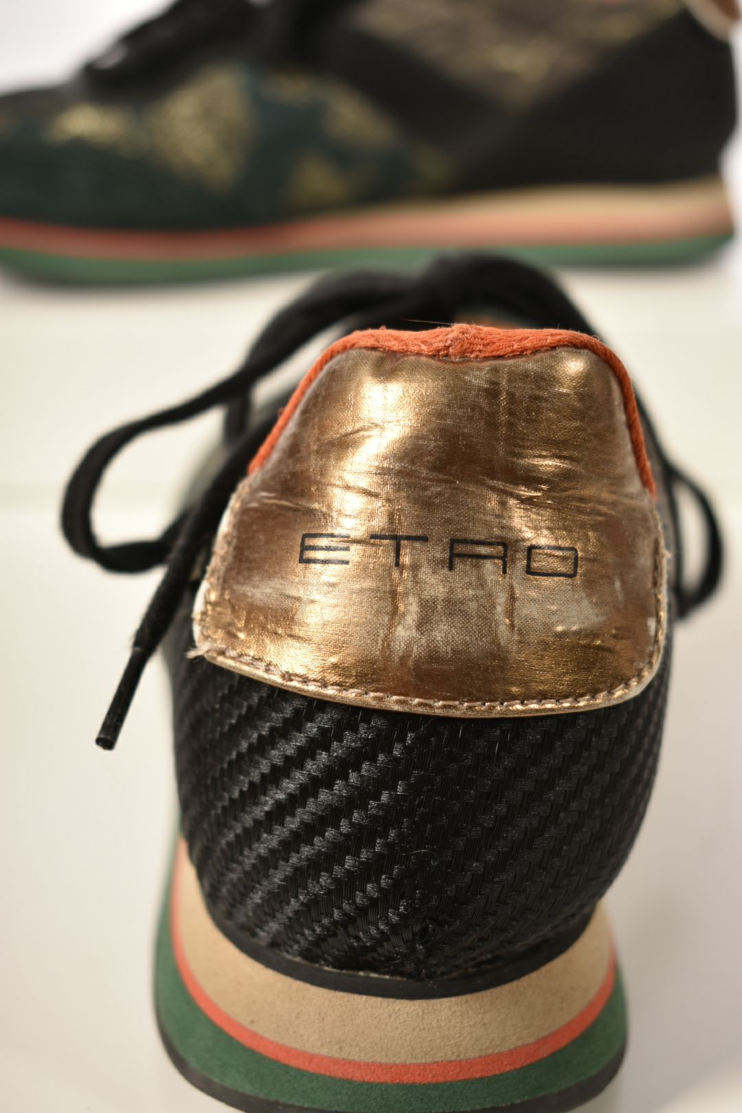 ETRO Green Gold Metallic Suede Nylon Sneakers Leopard Print 8US Italy