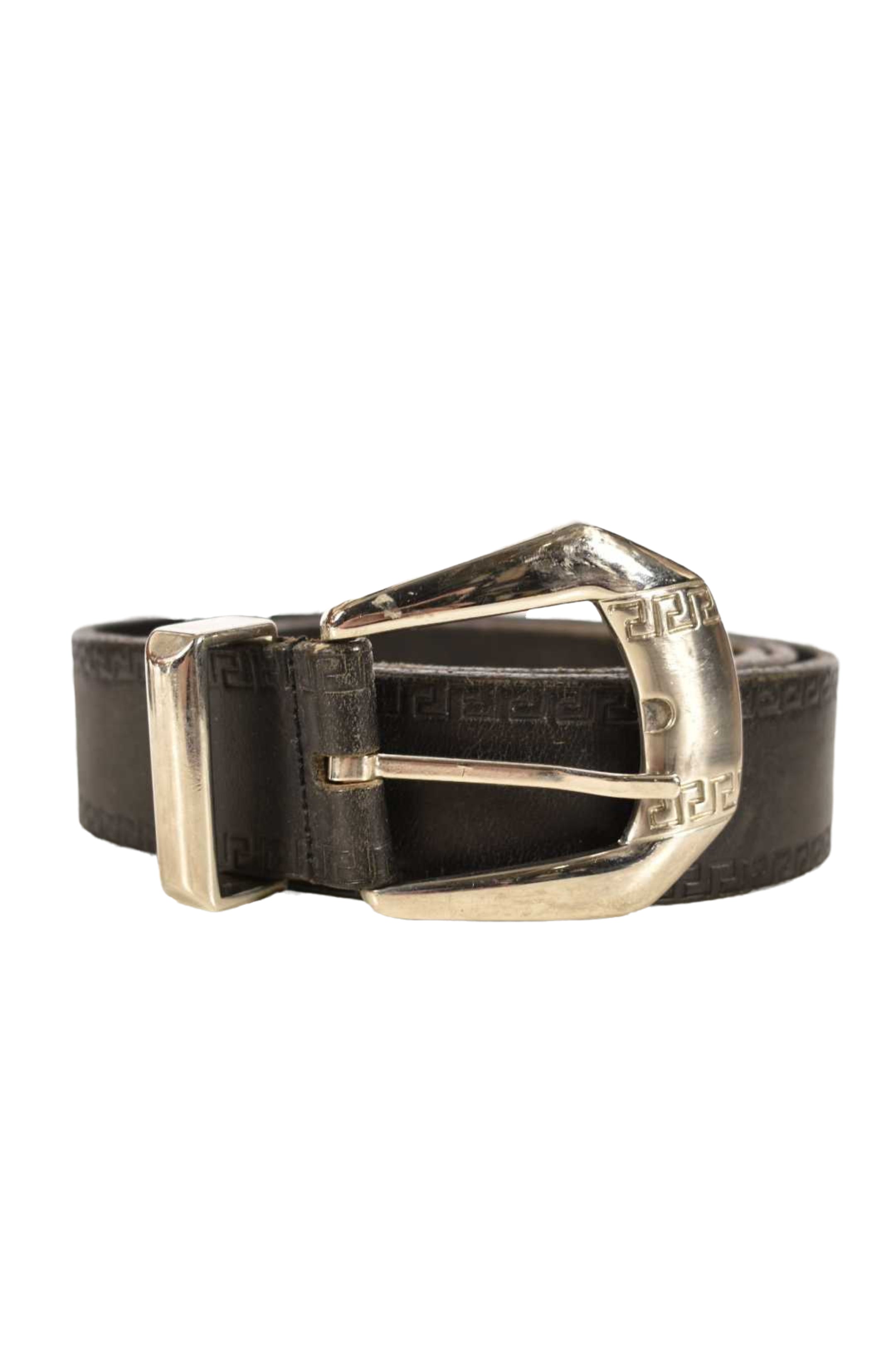 1990s VERSACE V2 Black Leather Grecian Pattern Silver Buckle Belt 34" Italy