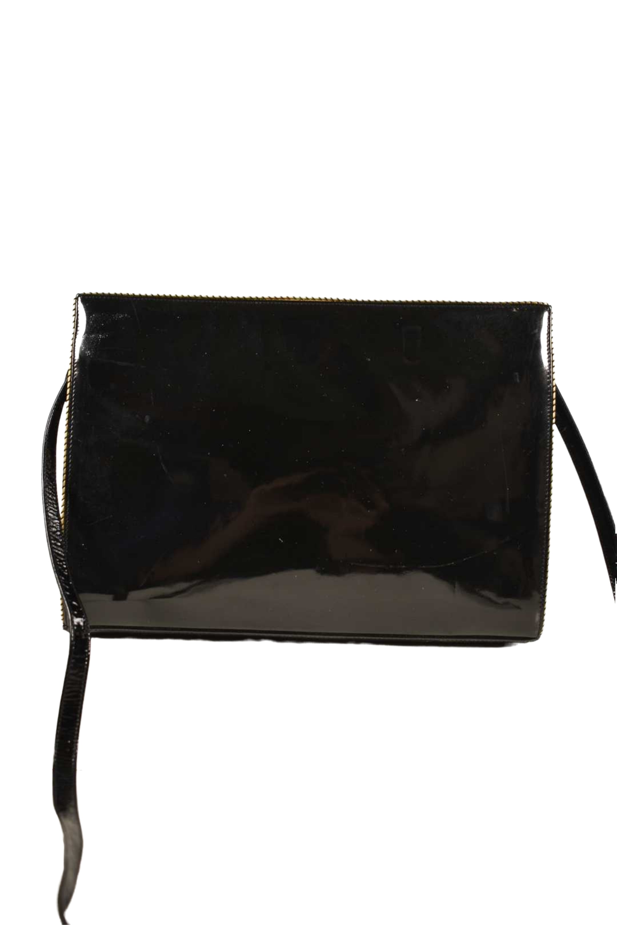 1980s BALLY Black Polished Patent Leather Roped Piping Shoulder Bag