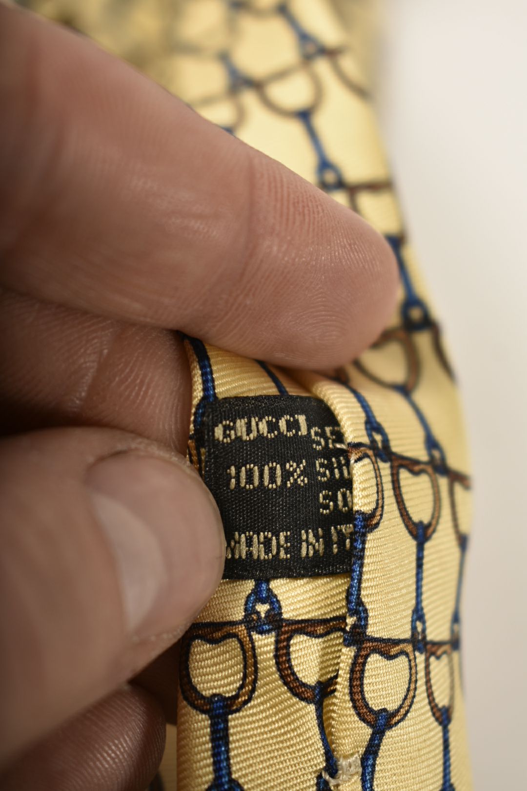 1980s GUCCI Yellow Blue 100% Silk Horsebit Chain Tie