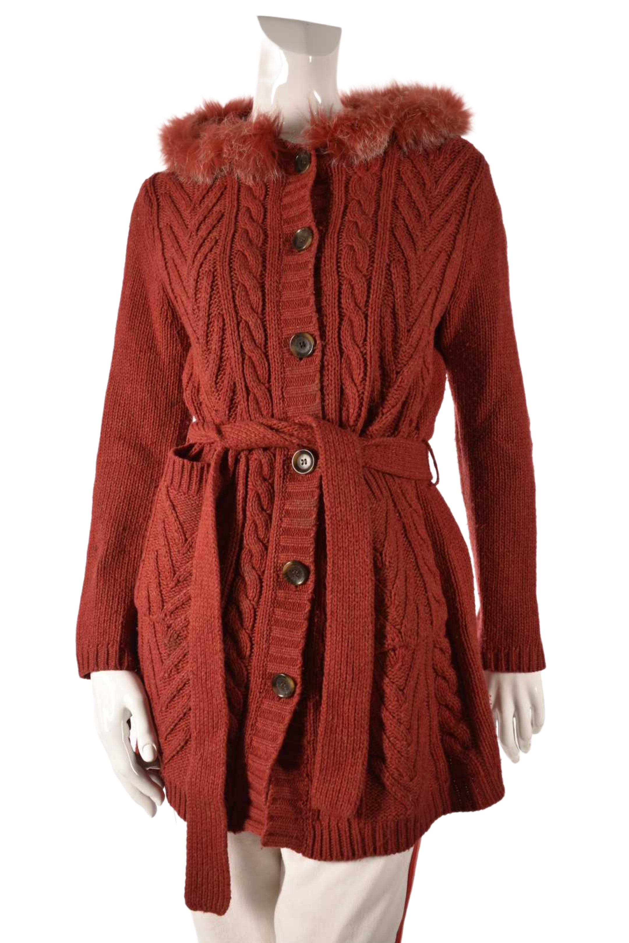 2000s THEORY Orange Wool Cableknit Fur Trim Belted Cardigan Sweater Medium