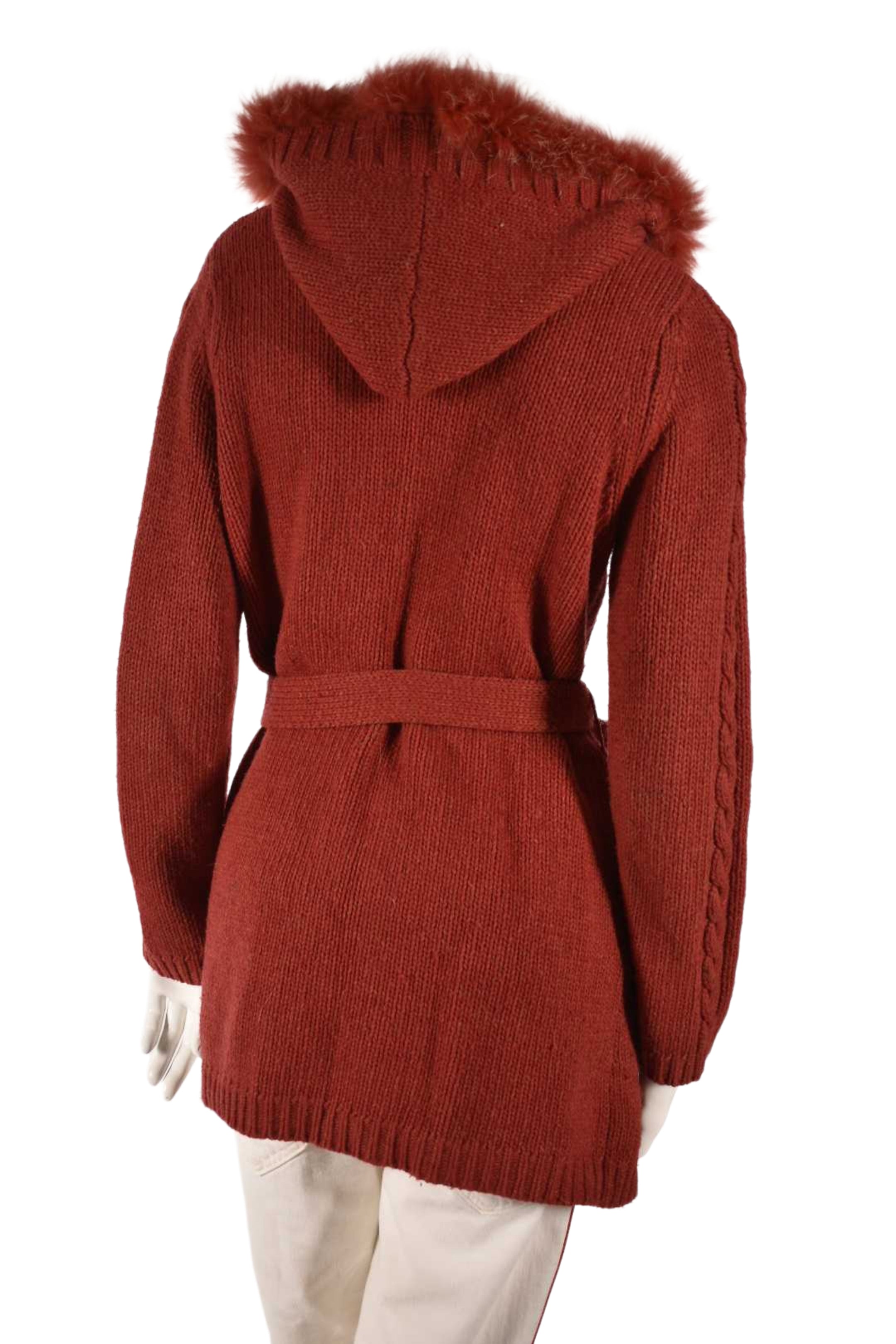 2000s THEORY Orange Wool Cableknit Fur Trim Belted Cardigan Sweater Medium