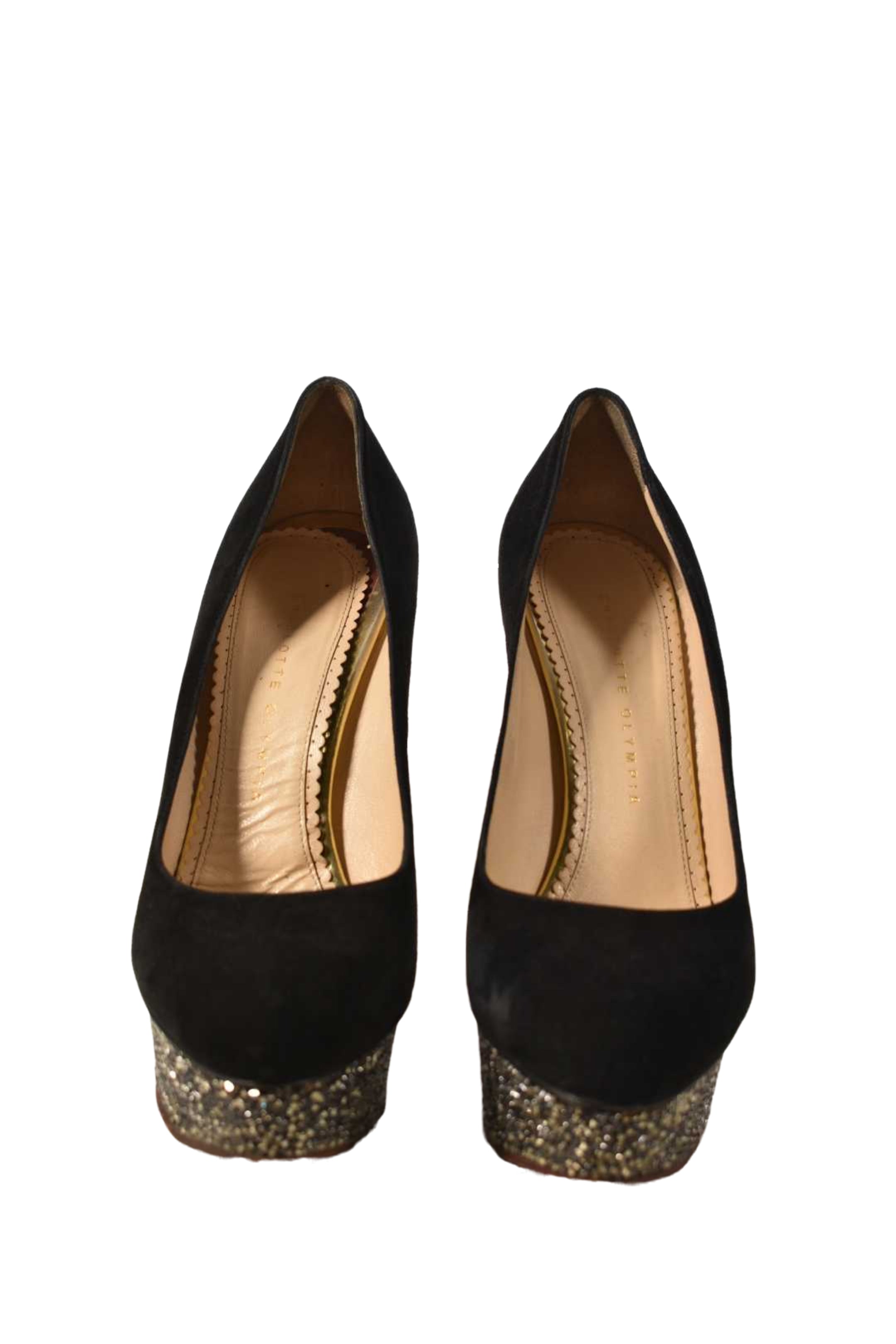 CHARLOTTE OLYMPIA Black Rhinestone Dolly High Heel Suede Pumps 39.5EU Italy