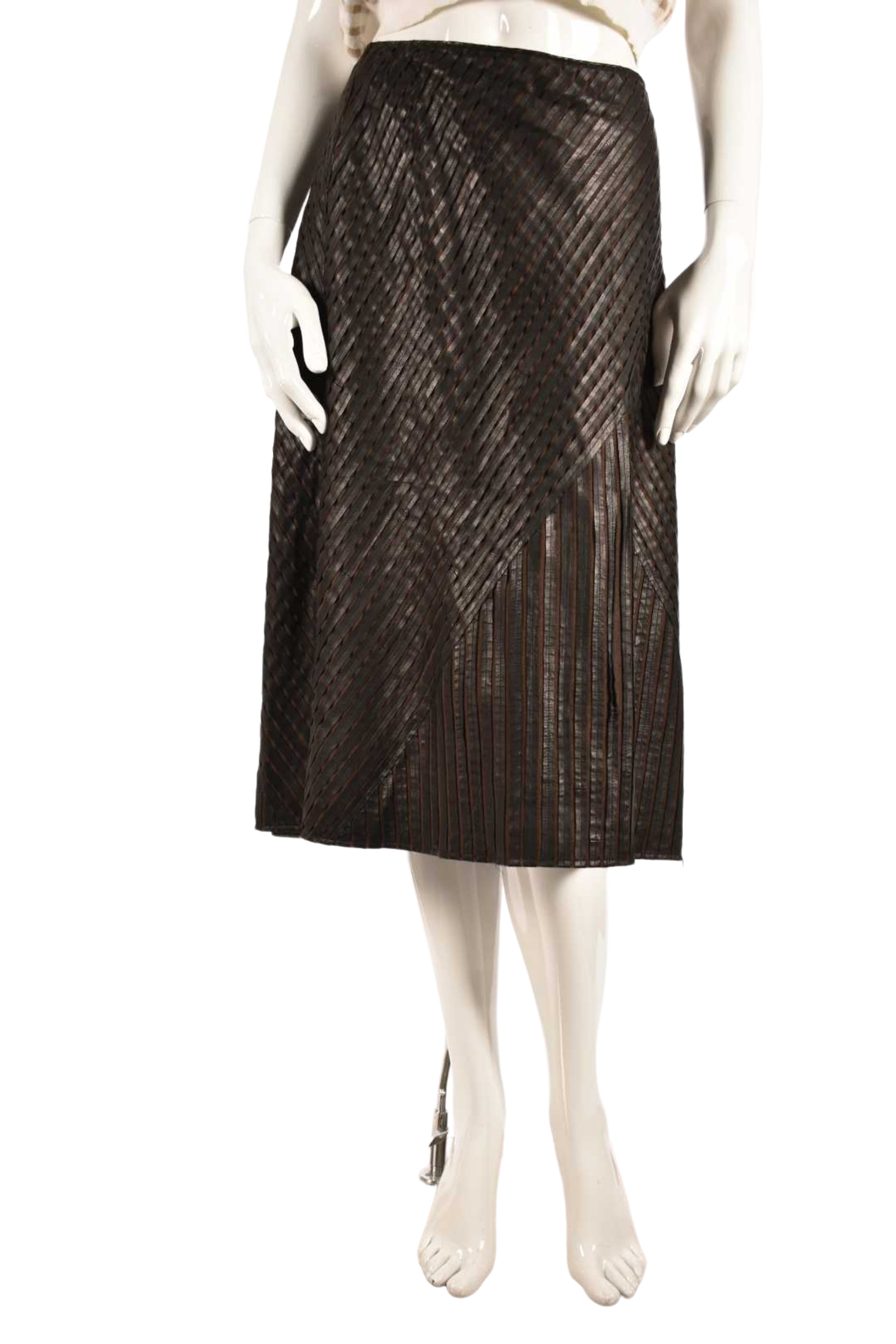 LAFAYETTE 148 Brown Lambskin Leather Patchwork Pleated Knee Skirt 14US