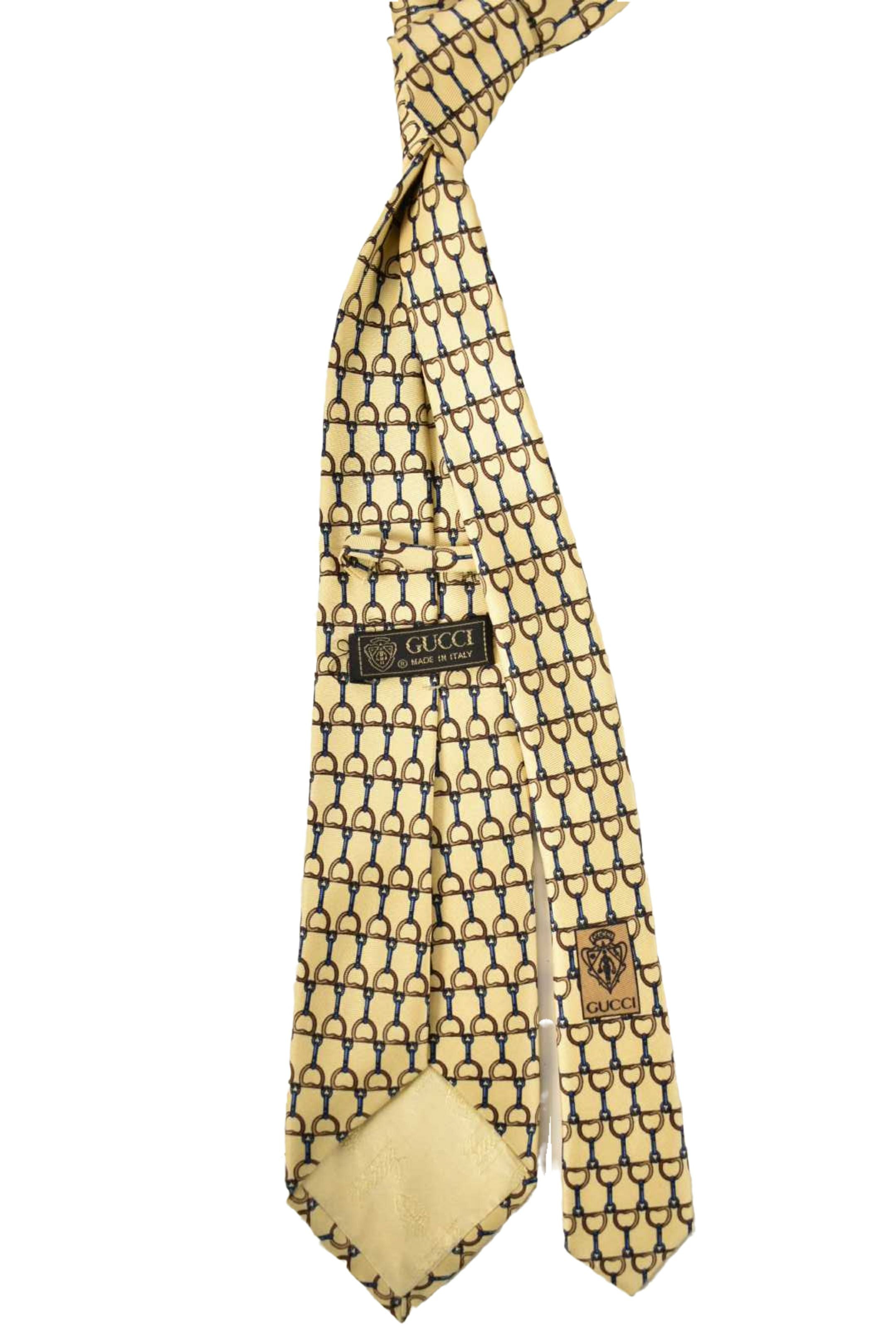 1980s GUCCI Yellow Blue 100% Silk Horsebit Chain Tie