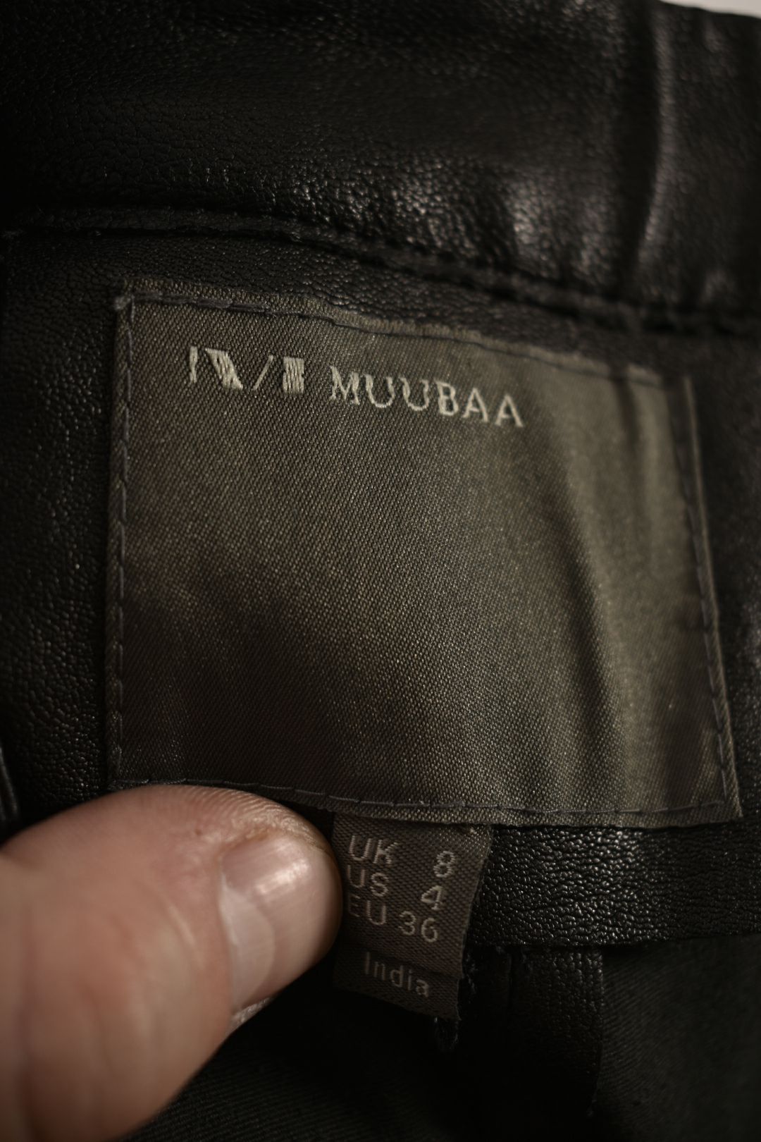 MUUBAA Black Lambskin Leather Cropped Side Zip Moto Pants 4US