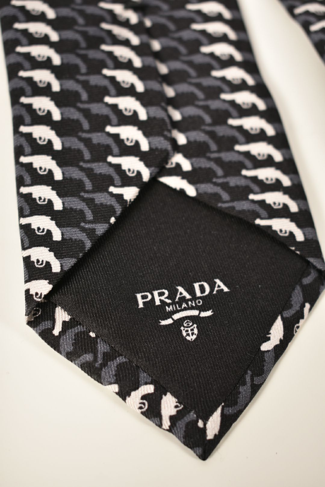 PRADA Black White Grey Pistol Gun Print Silk Tie Italy