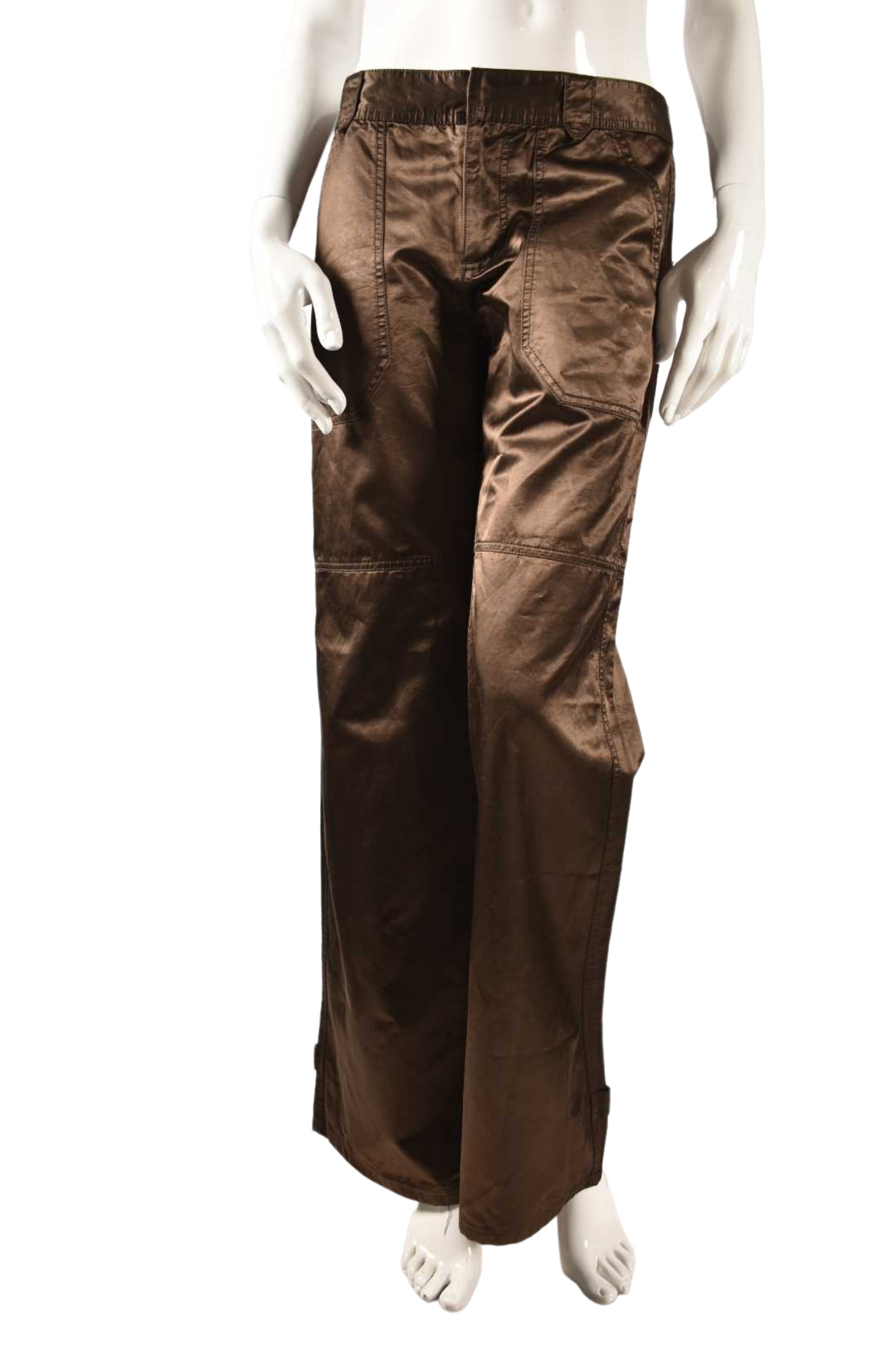 JOSEPH Brown Cotton Satin Zip Utility Wide Leg Pants Large