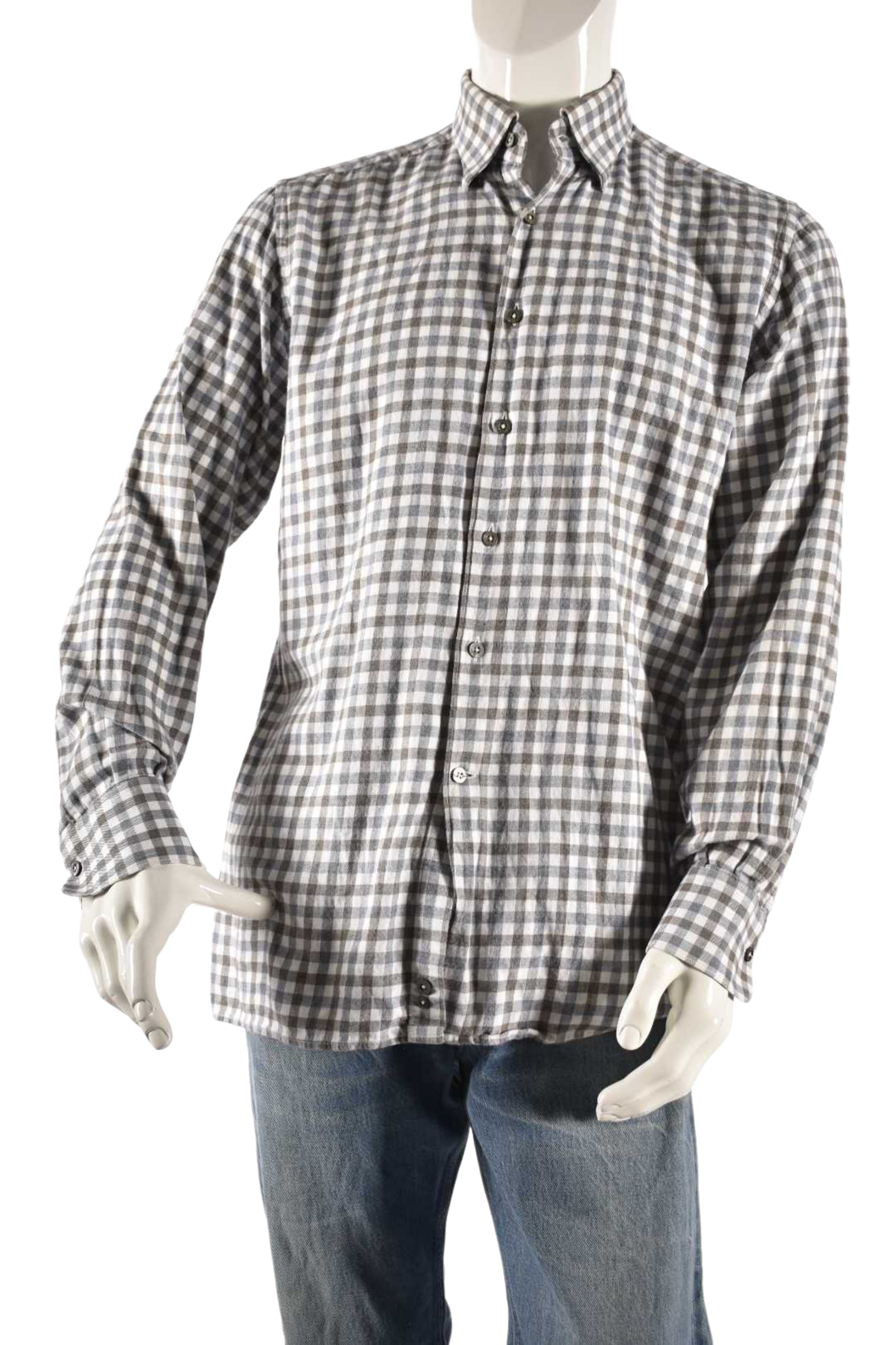 CANALI Grey Blue Check Brushed Cotton Casual Shirt Large