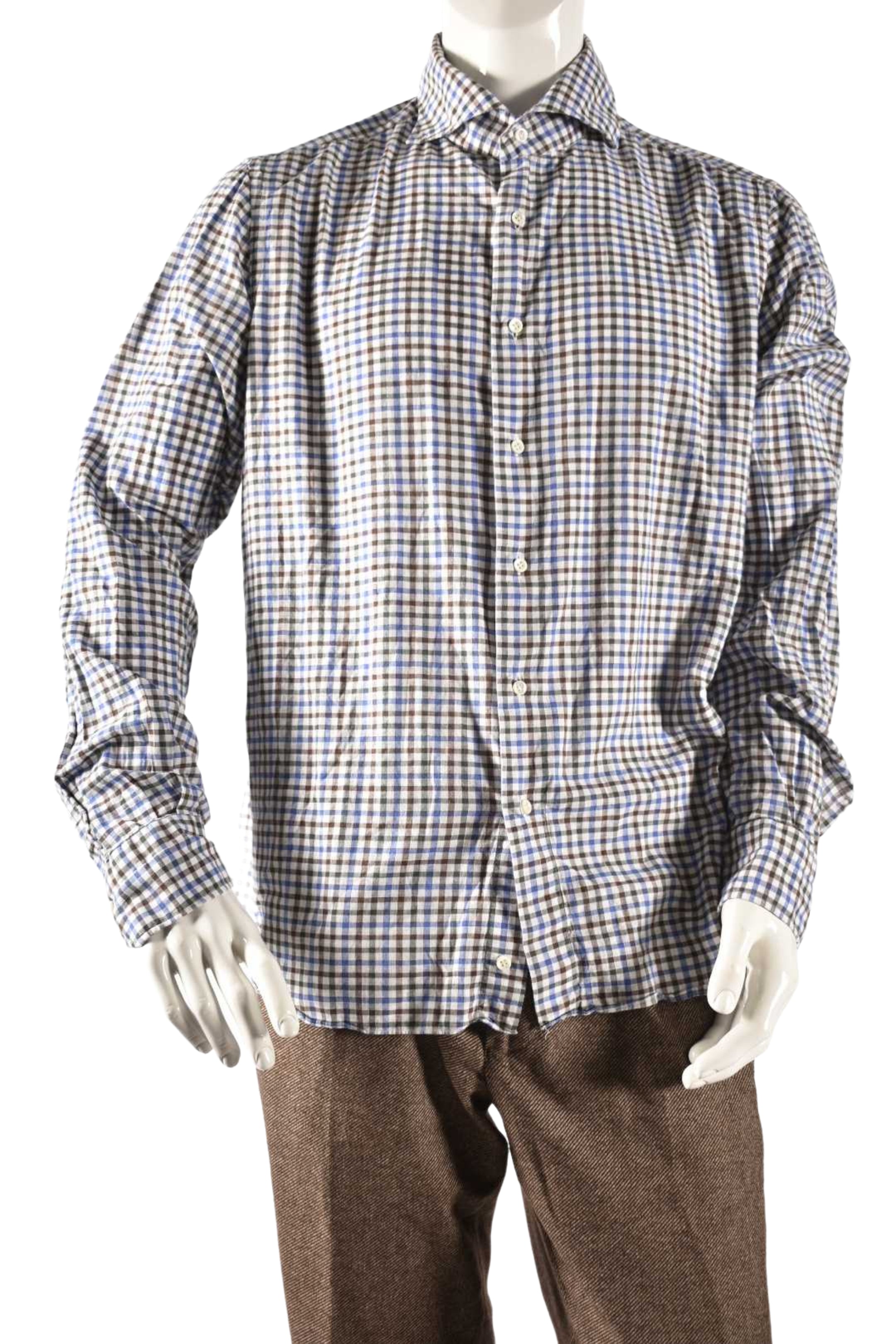 EIDOS Napoli Blue Brown Cotton Check Casual Shirt 17.5/44 XL
